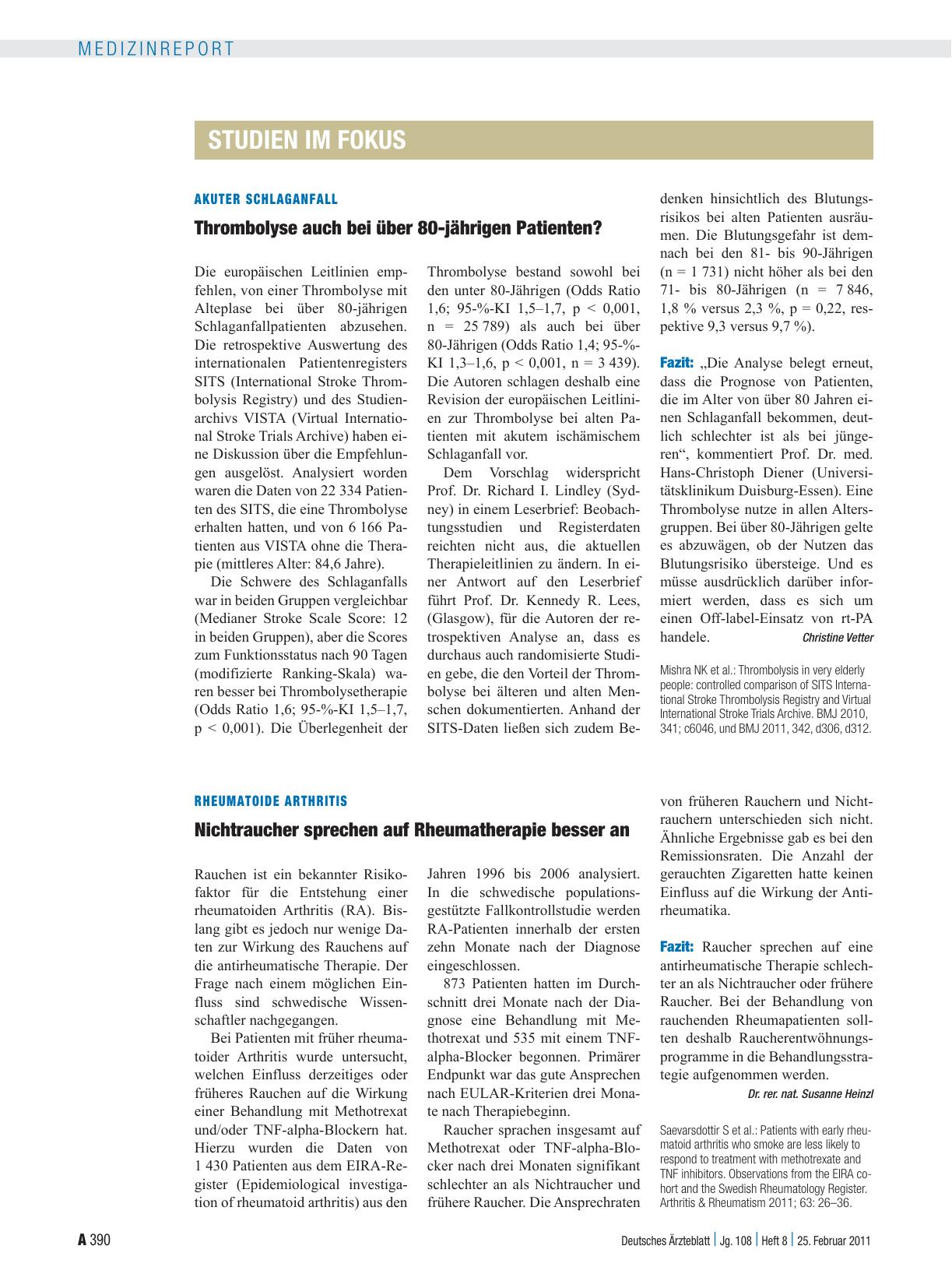 Vorschauseite 1: Akuter Schlaganfall: Thrombolyse auch bei über 80-jährigen Patienten?