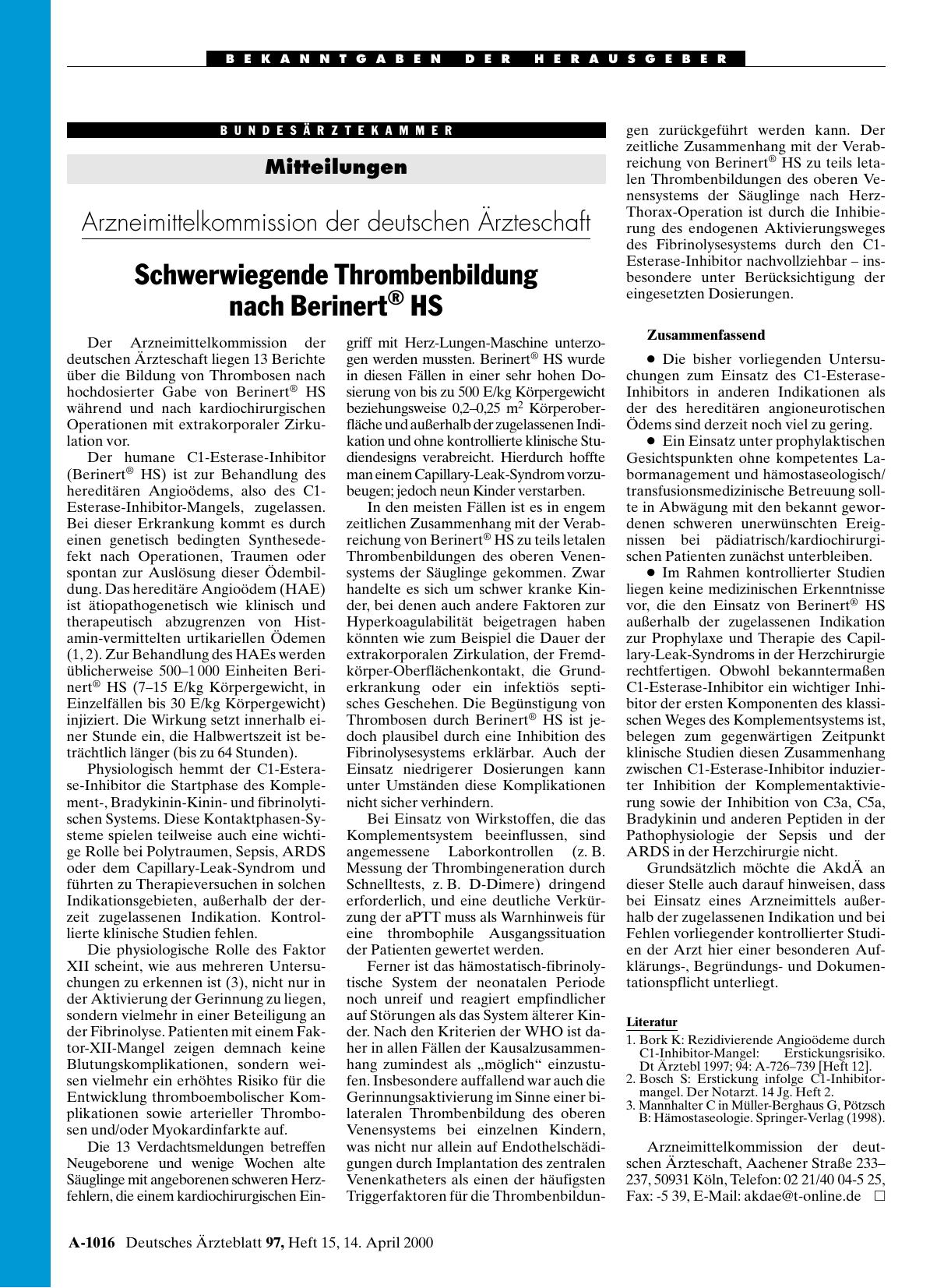 Vorschauseite 1: Arzneimittelkommission der deutschen Ärzteschaft: Schwerwiegende Thrombenbildung nach Berinert® HS