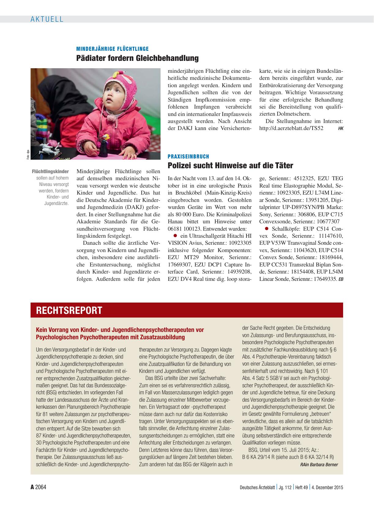Vorschauseite 1: Minderjährige Flüchtlinge: Pädiater fordern Gleichbehandlung