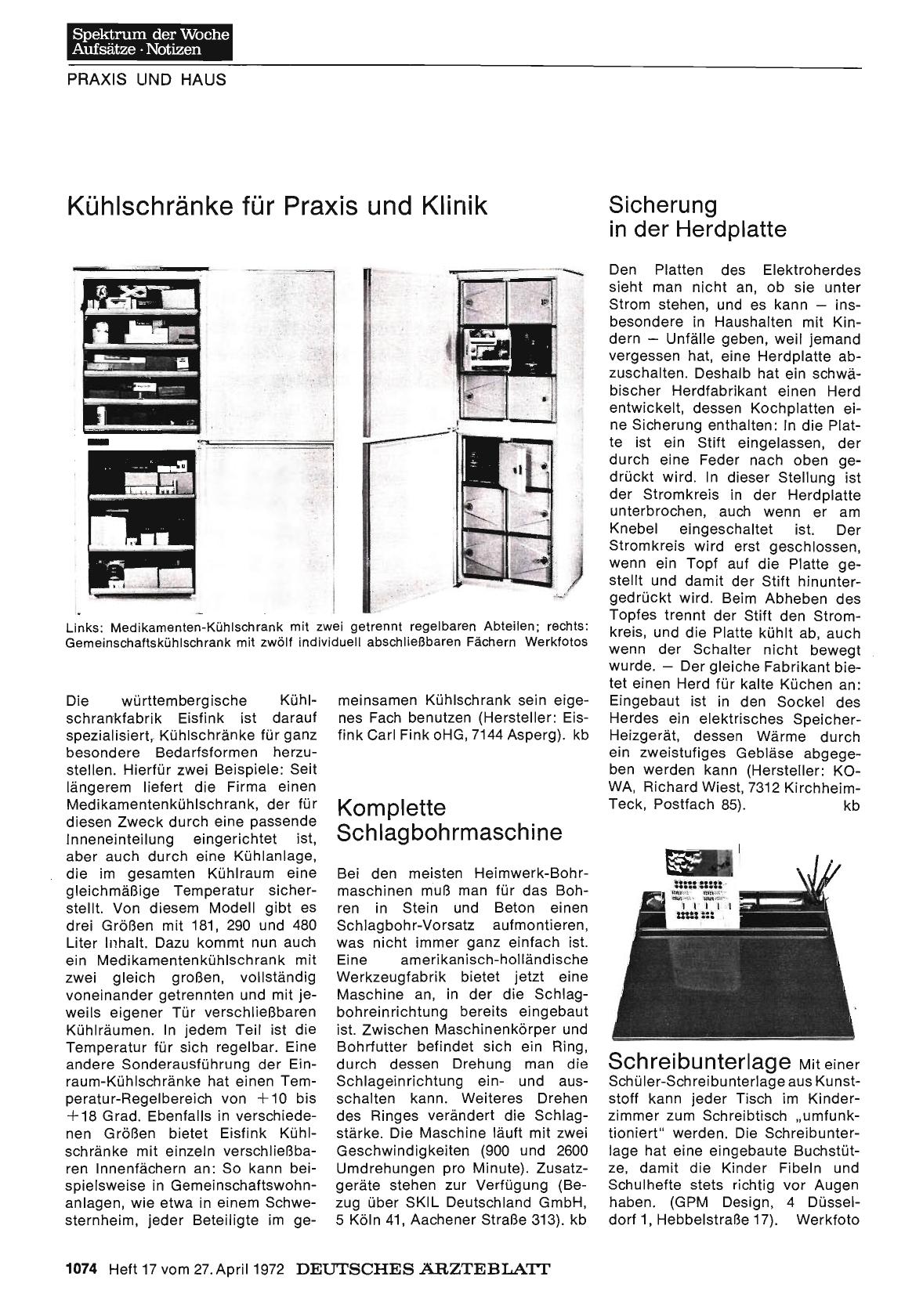 Vorschauseite 1: Kühlschränke für Praxis und Klinik / Sicherung in der Herdplatte / Komplette Schlagbohrmaschine / Schreibunterlage