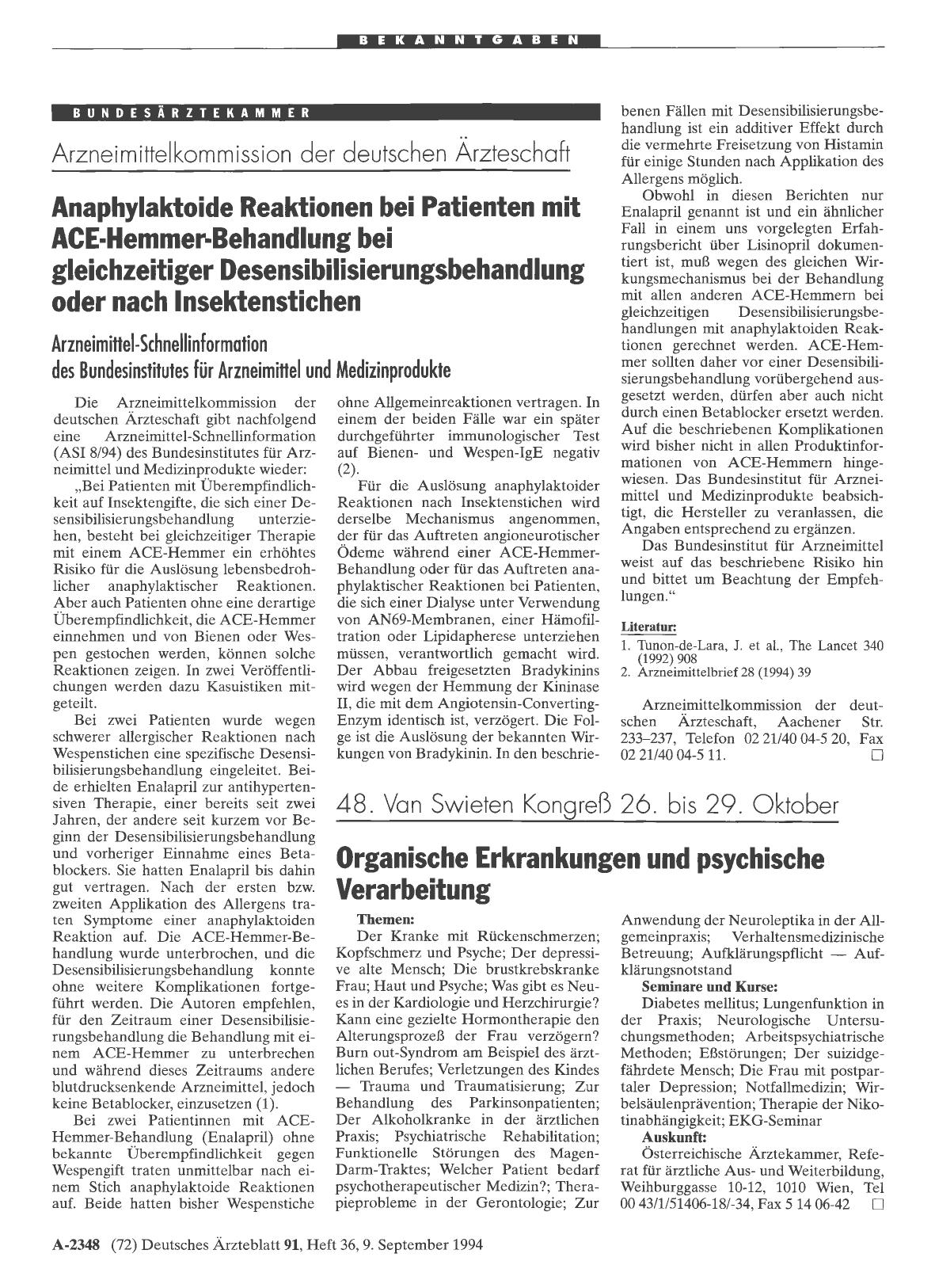 Vorschauseite 1: Anaphylaktoide Reaktionen bei Patienten mit ACE-Hemmer-Behandlung bei gleichzeitiger Desensibilisierungsbehandlung oder nach Insektenstichen