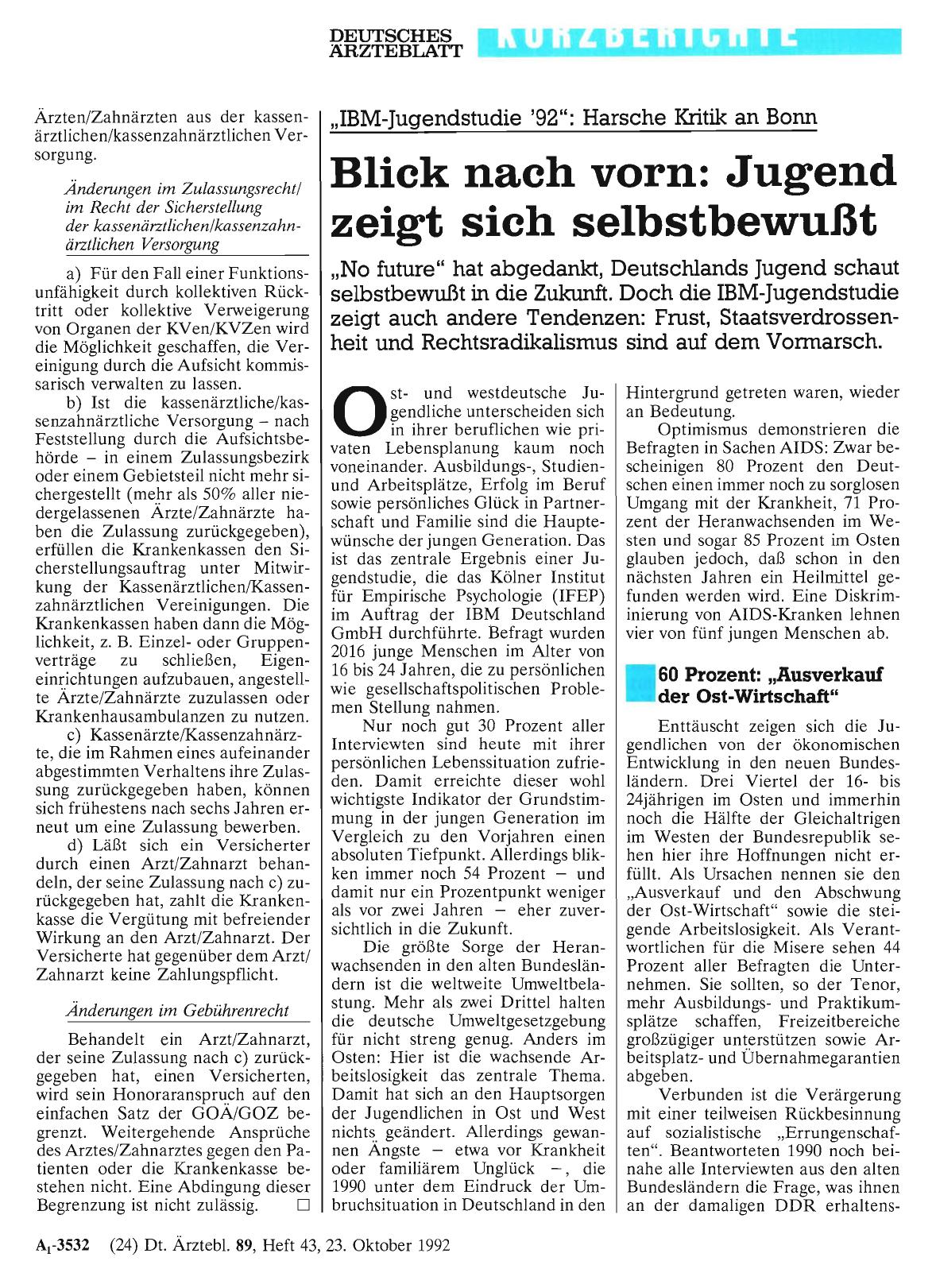 Vorschauseite 1: „IBM-Jugendstudie '92“: Harsche Kritik an Bonn: Blick nach vorn: Jugend zeigt sich selbstbewußt