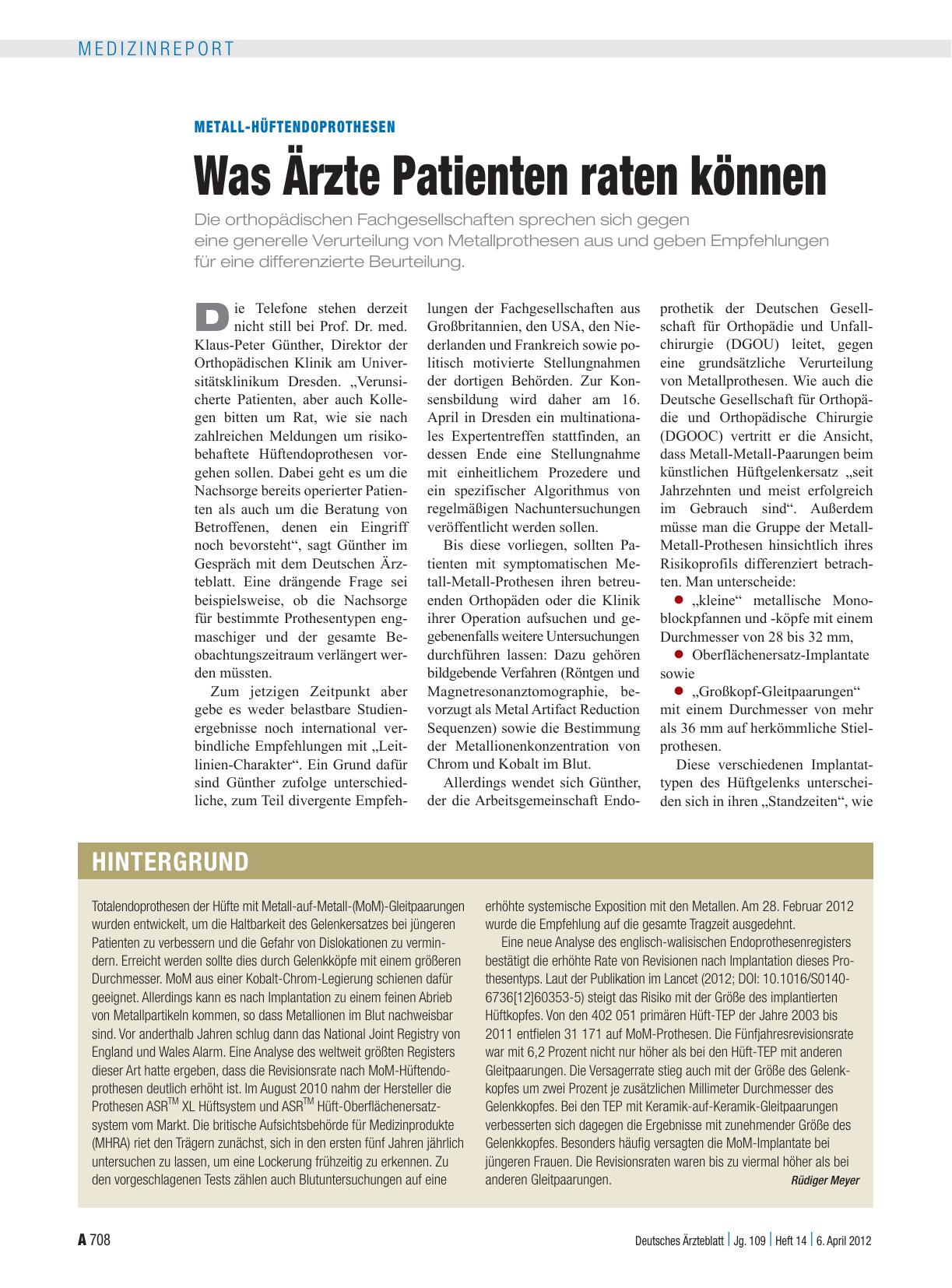 Vorschauseite 1: Metall-Hüftendoprothesen: Was Ärzte Patienten raten können