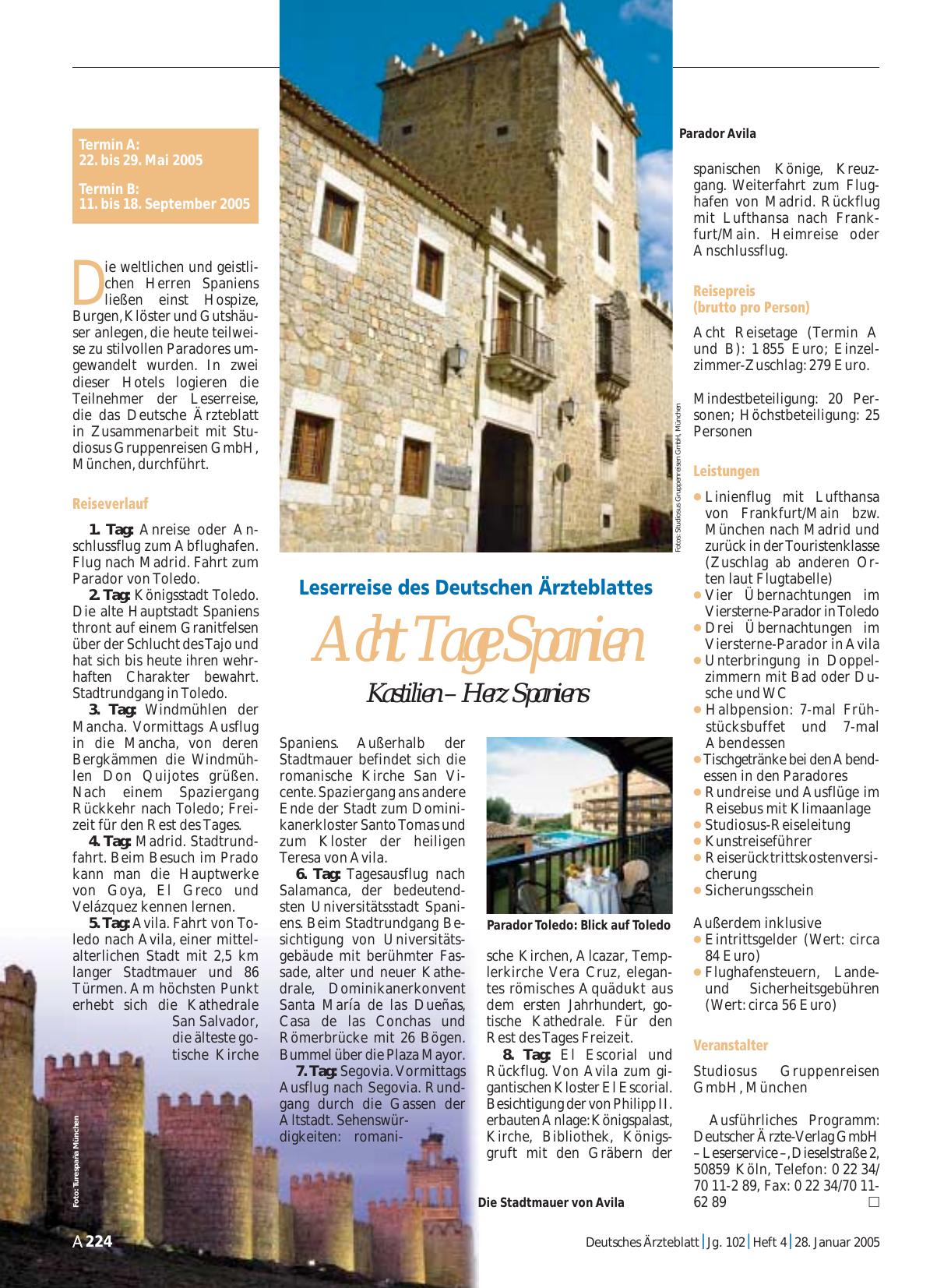 Vorschauseite 1: Leserreise des Deutschen Ärzteblattes – Acht Tage Spanien: Kastilien – Herz Spaniens