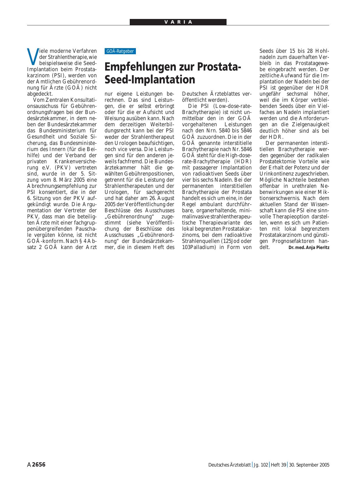 Vorschauseite 1: Empfehlungen zur Prostata-Seed-Implantation