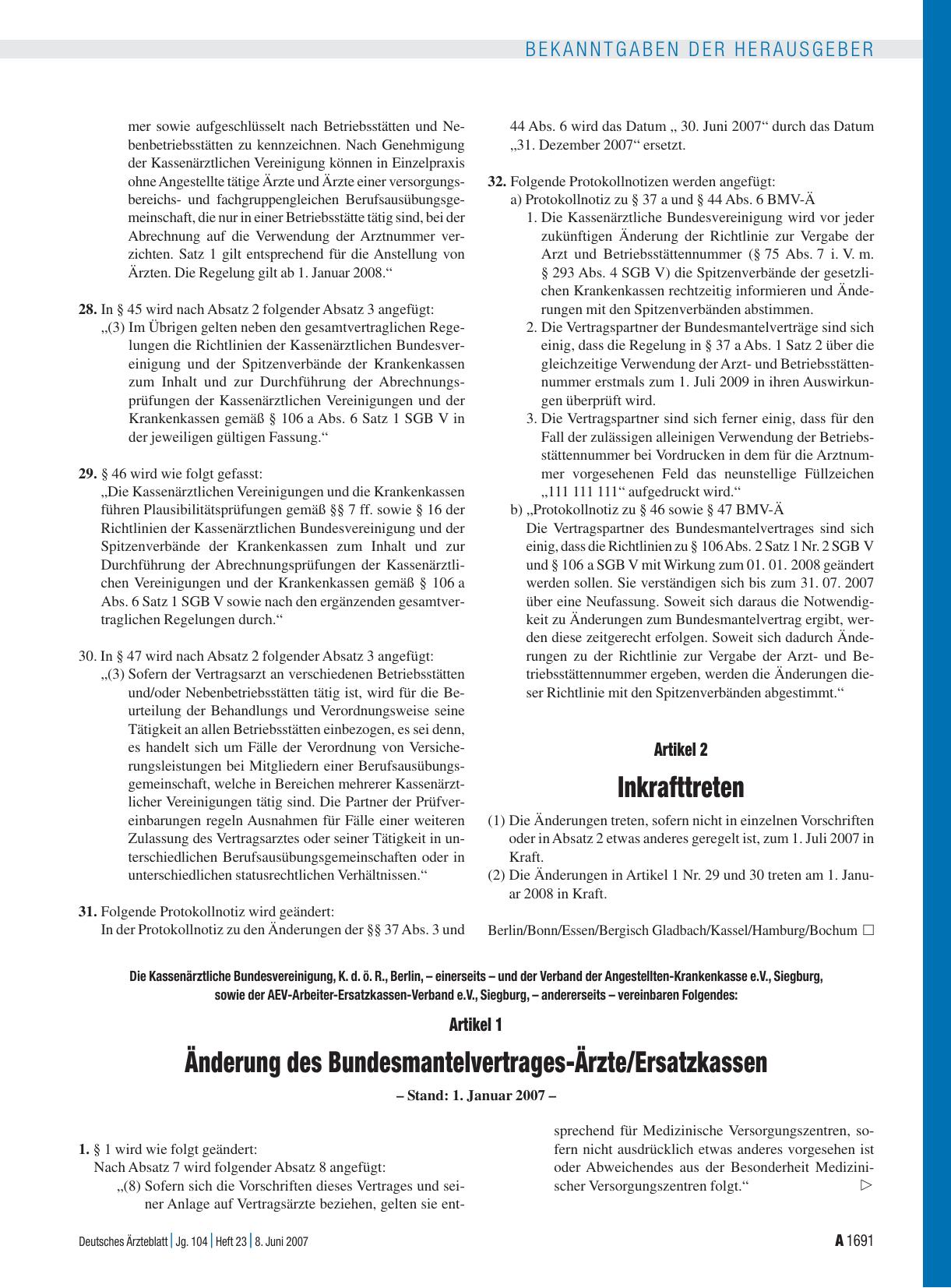 Vorschauseite 1: Bekanntmachungen: Artikel 1, Änderung des Bundesmantelvertrages-Ärzte/Ersatzkassen – Stand: 1. Januar 2007 –