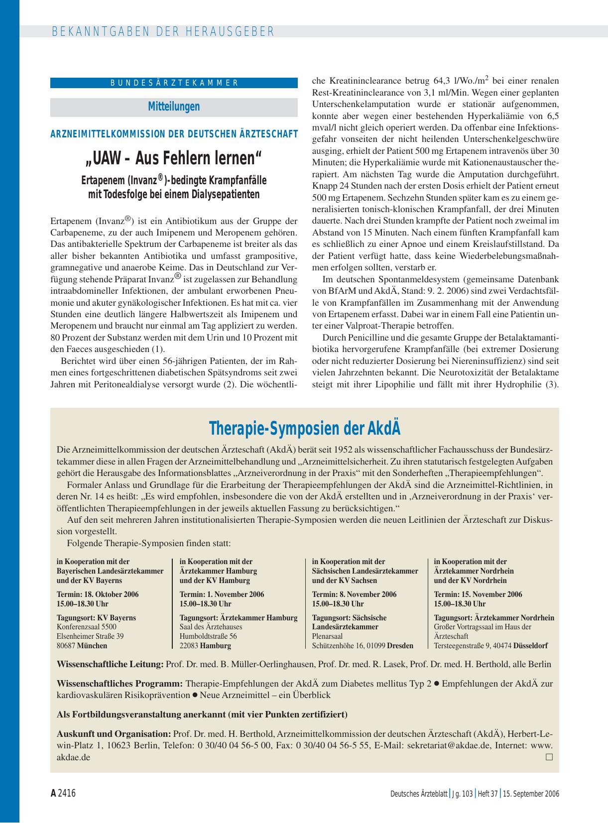 Vorschauseite 1: „UAW – Aus Fehlern lernen“ Ertapenem (Invanz®)-bedingte Krampfanfälle mit Todesfolge bei einem Dialysepatienten