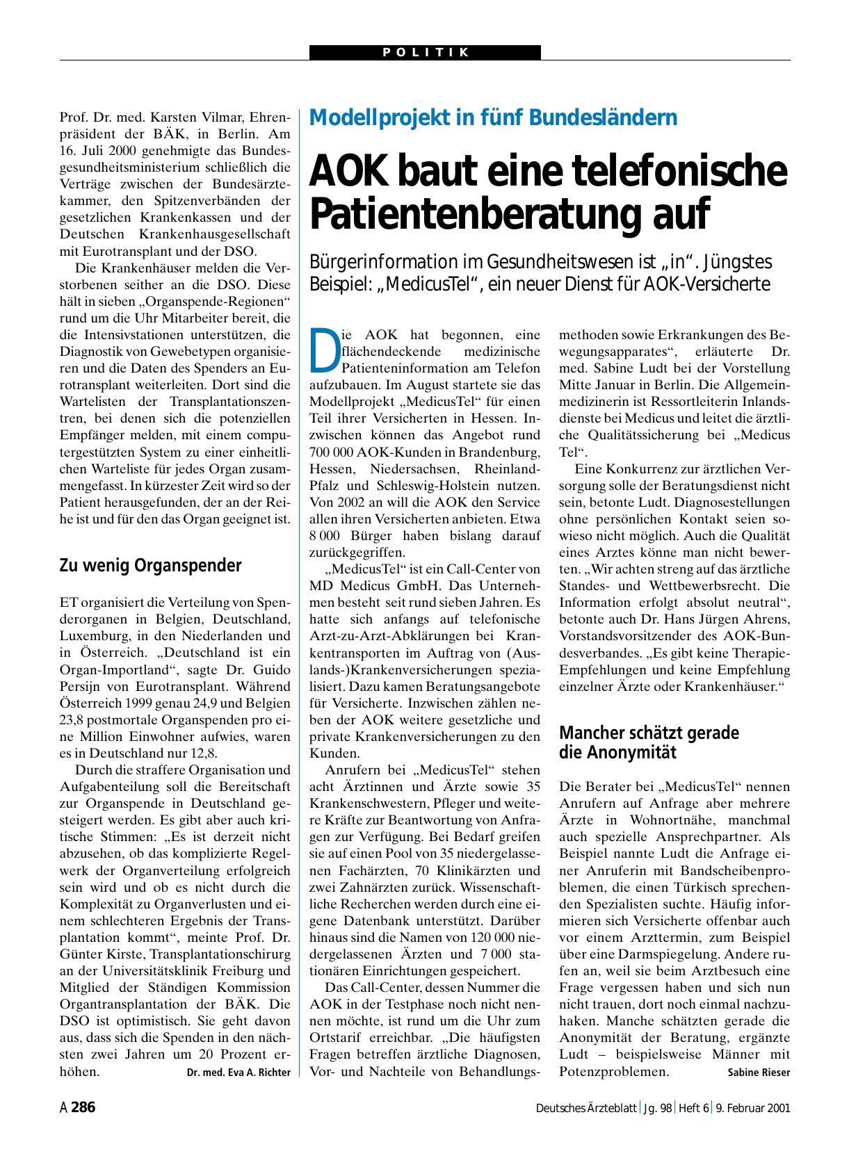 Vorschauseite 1: Modellprojekt in fünf Bundesländern: AOK baut eine telefonische Patientenberatung auf