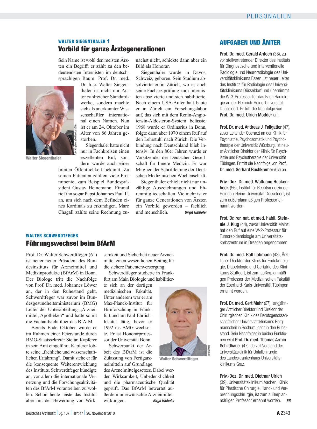 Vorschauseite 1: Walter Siegenthaler †: Vorbild für ganze Ärztegenerationen