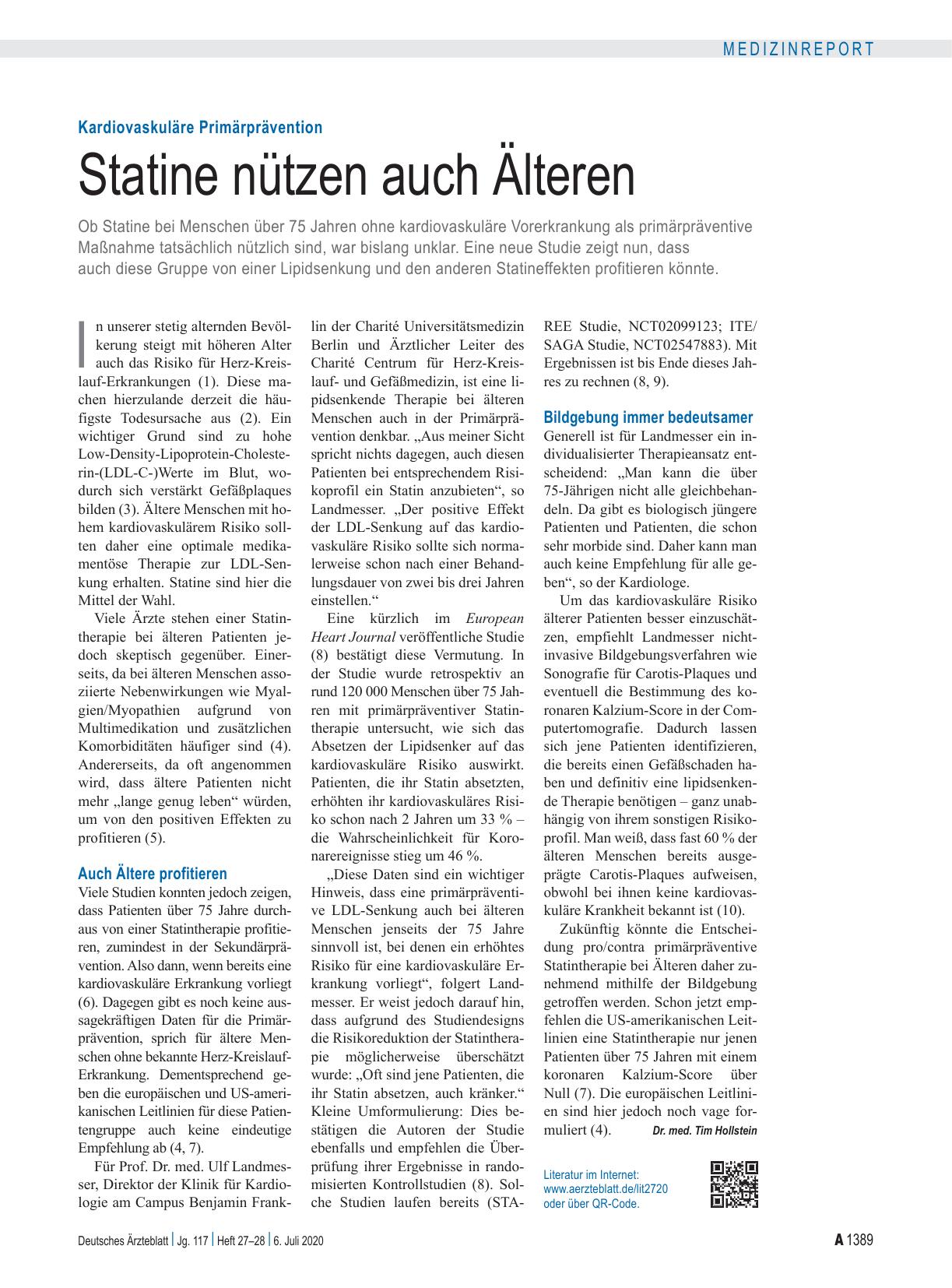 Vorschauseite 1: Kardiovaskuläre Primärprävention: Statine nützen auch Älteren