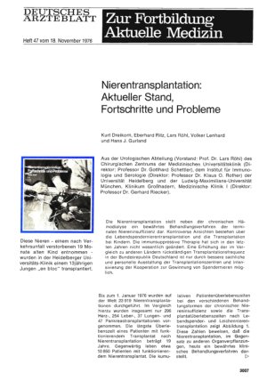 Vorschauseite 1: Nierentransplantation: Aktueller Stand, Fortschritte und Probleme