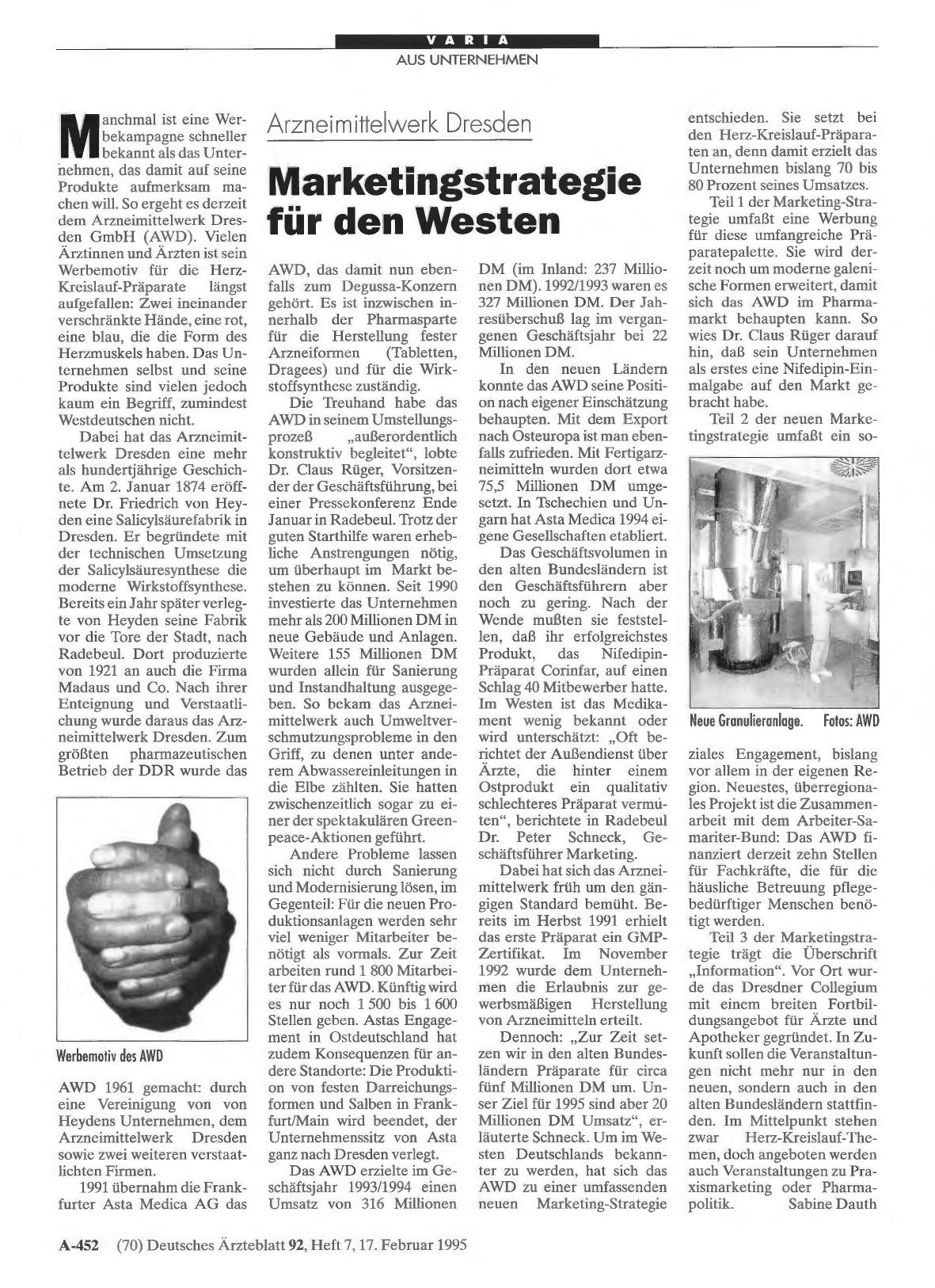 Vorschauseite 1: Arzneimittelwerk Dresden: Marketingstrategie für den Westen