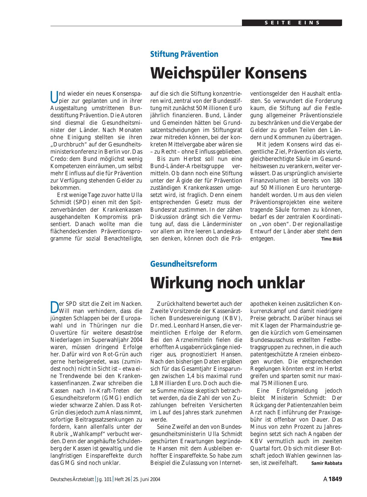 Vorschauseite 1: Stiftung Prävention: Weichspüler Konsens