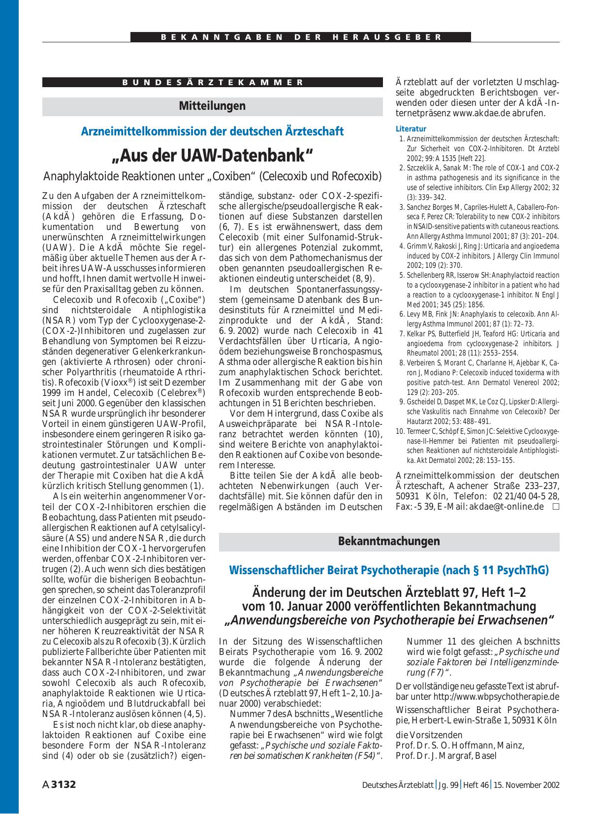 Vorschauseite 1: Bekanntmachungen: Wissenschaftlicher Beirat Psychotherapie (nach § 11 PsychThG)