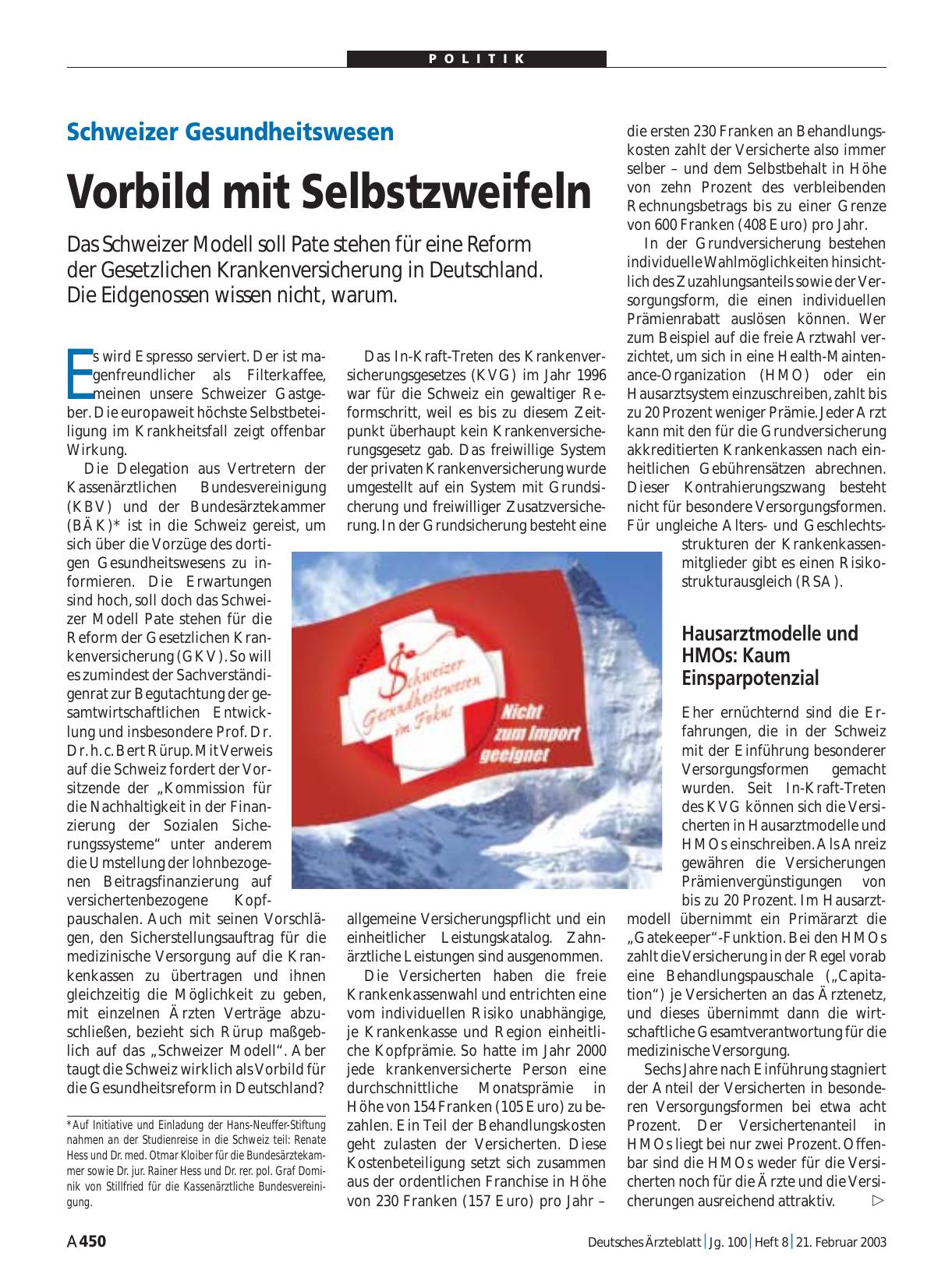 Vorschauseite 1: Schweizer Gesundheitswesen: Vorbild mit Selbstzweifeln