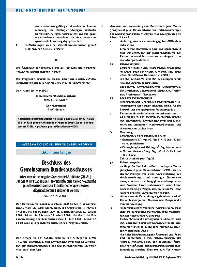 Vorschauseite 1: Beschluss des Gemeinsamen Bundesausschusses über eine Änderung der Arzneimittel-Richtlinie (AM-RL): Bortezomib plus Cyclophosphamid plus Dexamethason