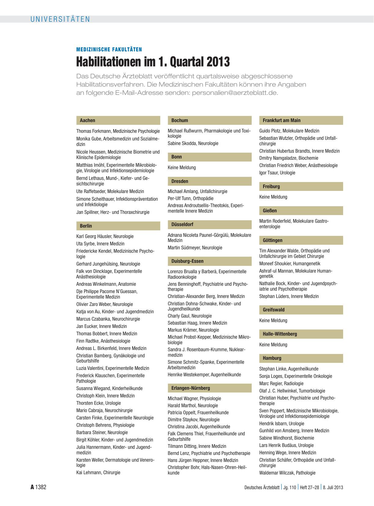 Vorschauseite 1: Medizinische Fakultäten: Habilitationen im 1. Quartal 2013