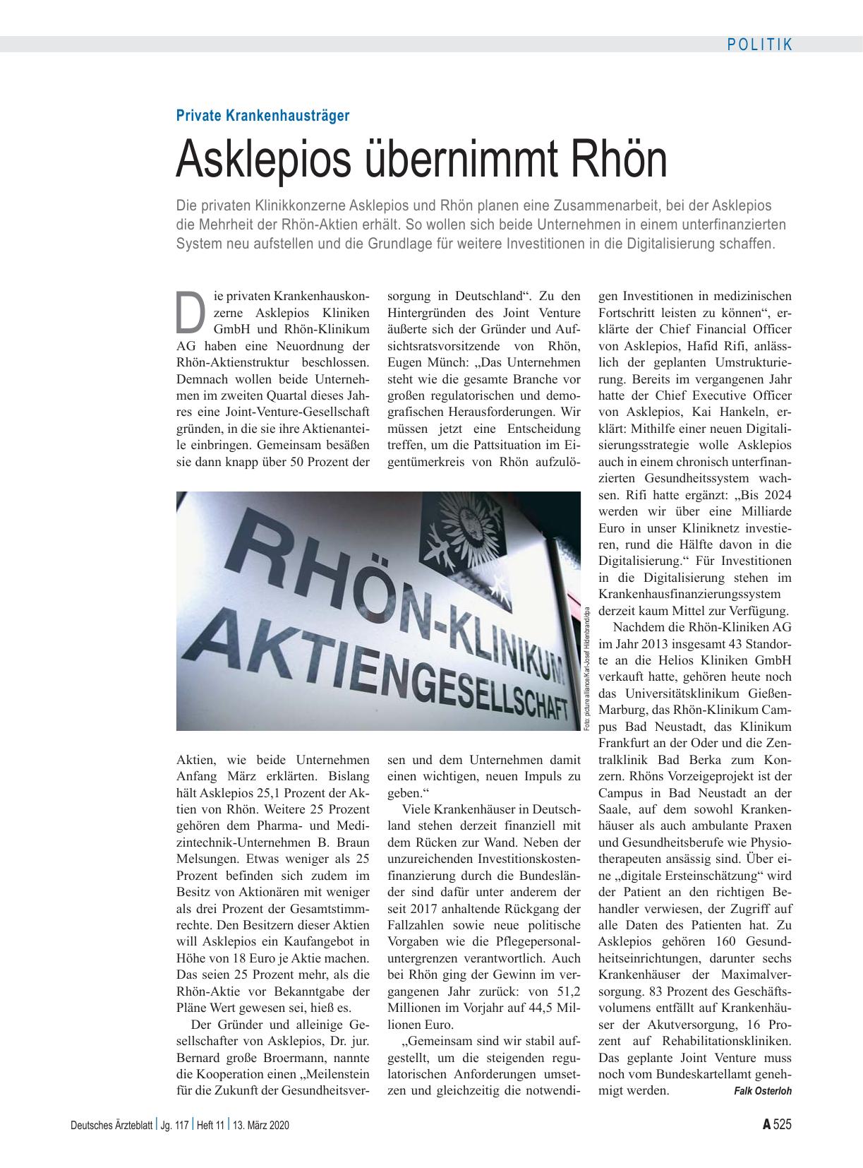Vorschauseite 1: Private Krankenhausträger: Asklepios übernimmt Rhön