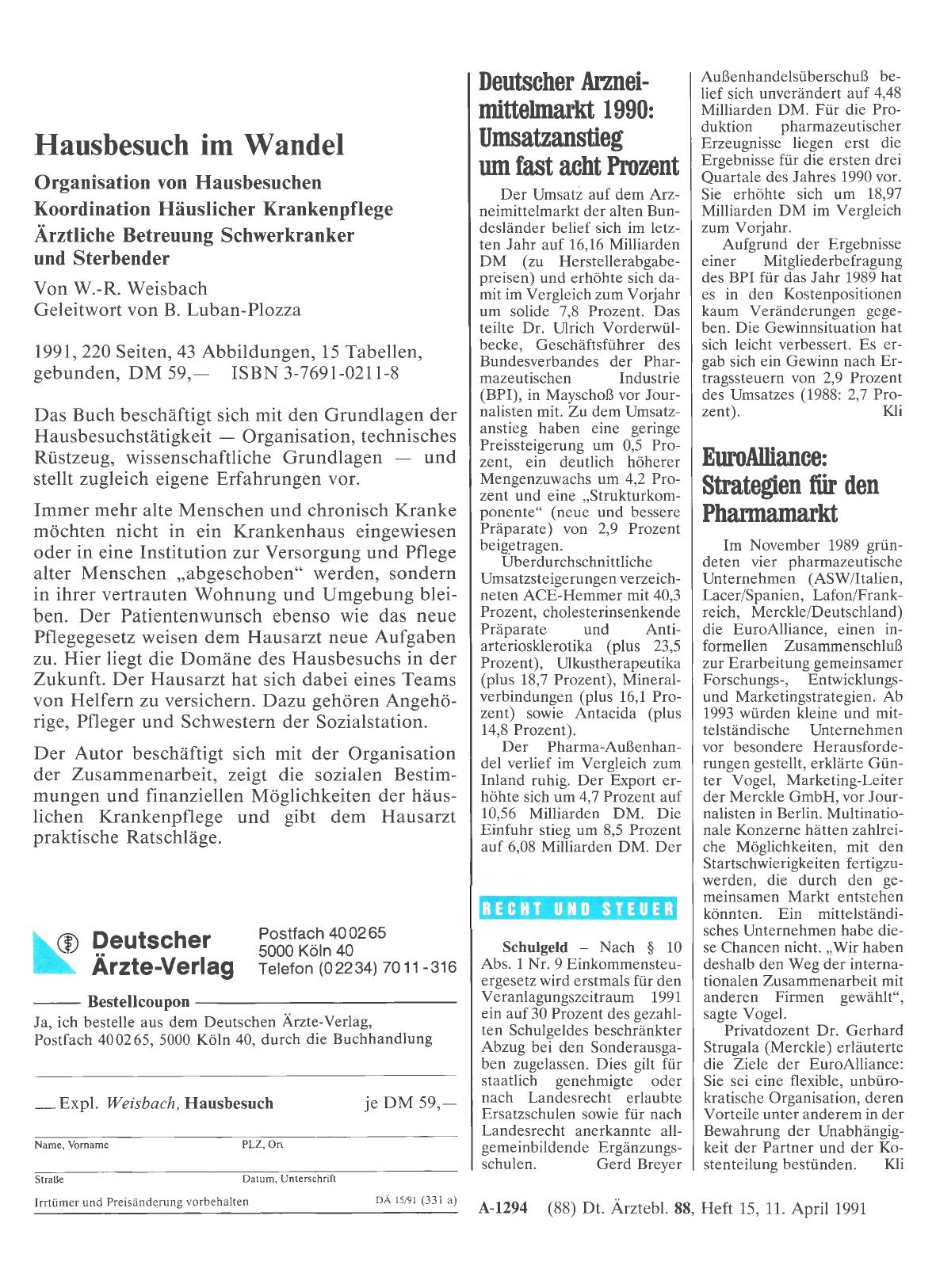 Vorschauseite 1: Deutscher Arzneimittelmarkt 1990: Umsatzanstieg um fast acht Prozent