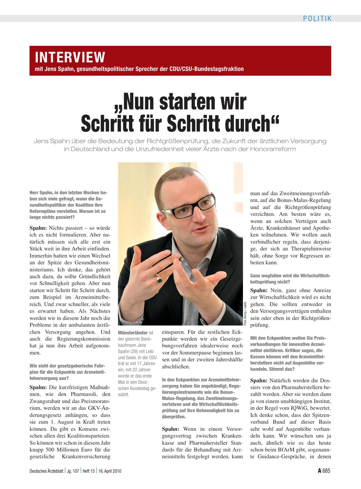 Vorschauseite 1: Interview mit Jens Spahn, gesundheitspolitischer Sprecher der CDU/CSU-Bundestagsfraktion: „Nun starten wir Schritt für Schritt durch“