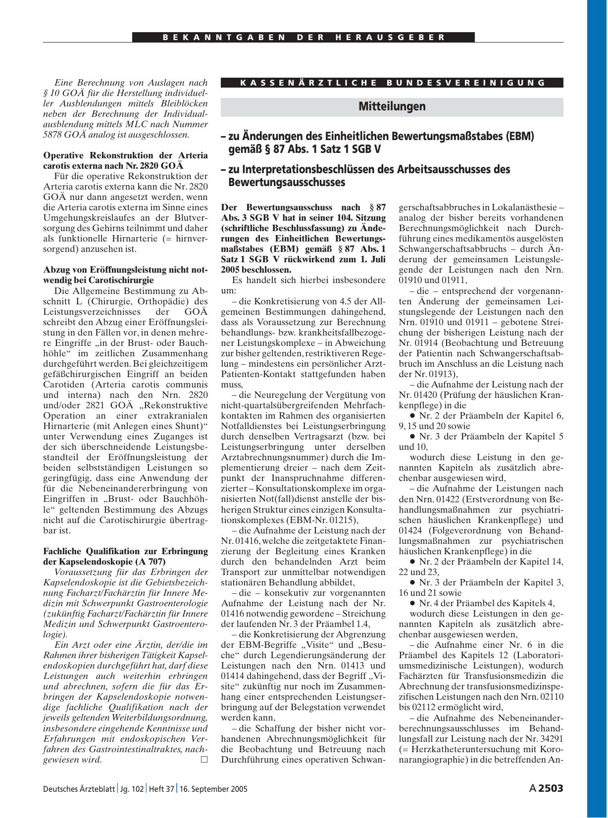 Vorschauseite 1: Mitteilungen – zu Änderungen des Einheitlichen Bewertungsmaßstabes (EBM) gemäß § 87 Abs. 1 Satz 1 SGB V – zu Interpretationsbeschlüssen des Arbeitsausschusses des Bewertungsaussch…