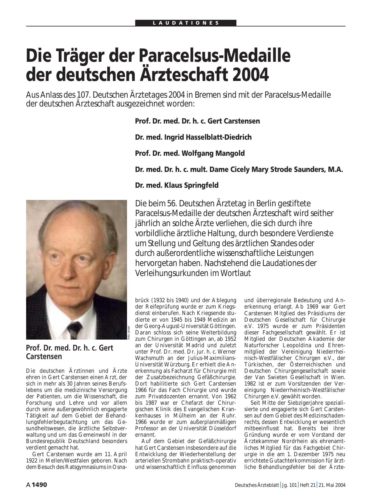 Vorschauseite 1: Die Träger der Paracelsus-Medaille der deutschen Ärzteschaft 2004