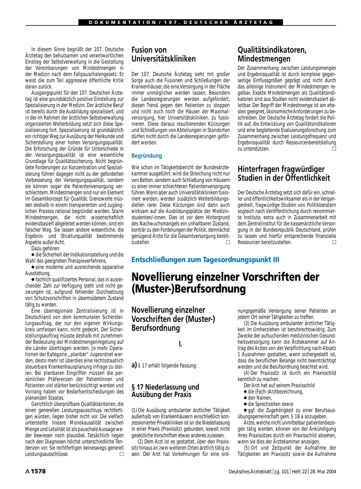 Vorschauseite 1: Entschließungen zum Tagesordnungspunkt III: Novellierung einzelner Vorschriften der (Muster-)Berufsordnung