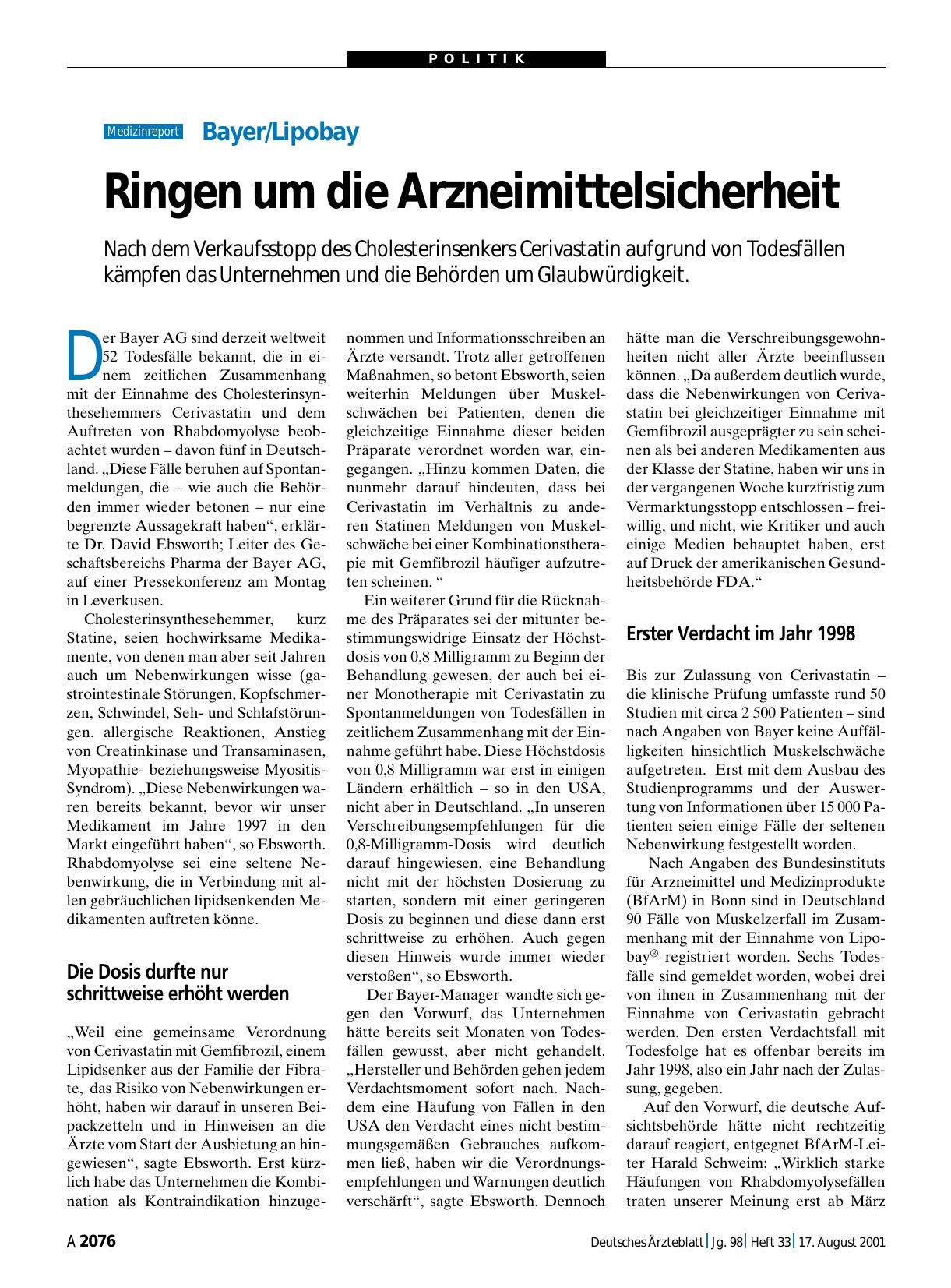 Vorschauseite 1: Bayer/Lipobay: Ringen um die Arzneimittelsicherheit