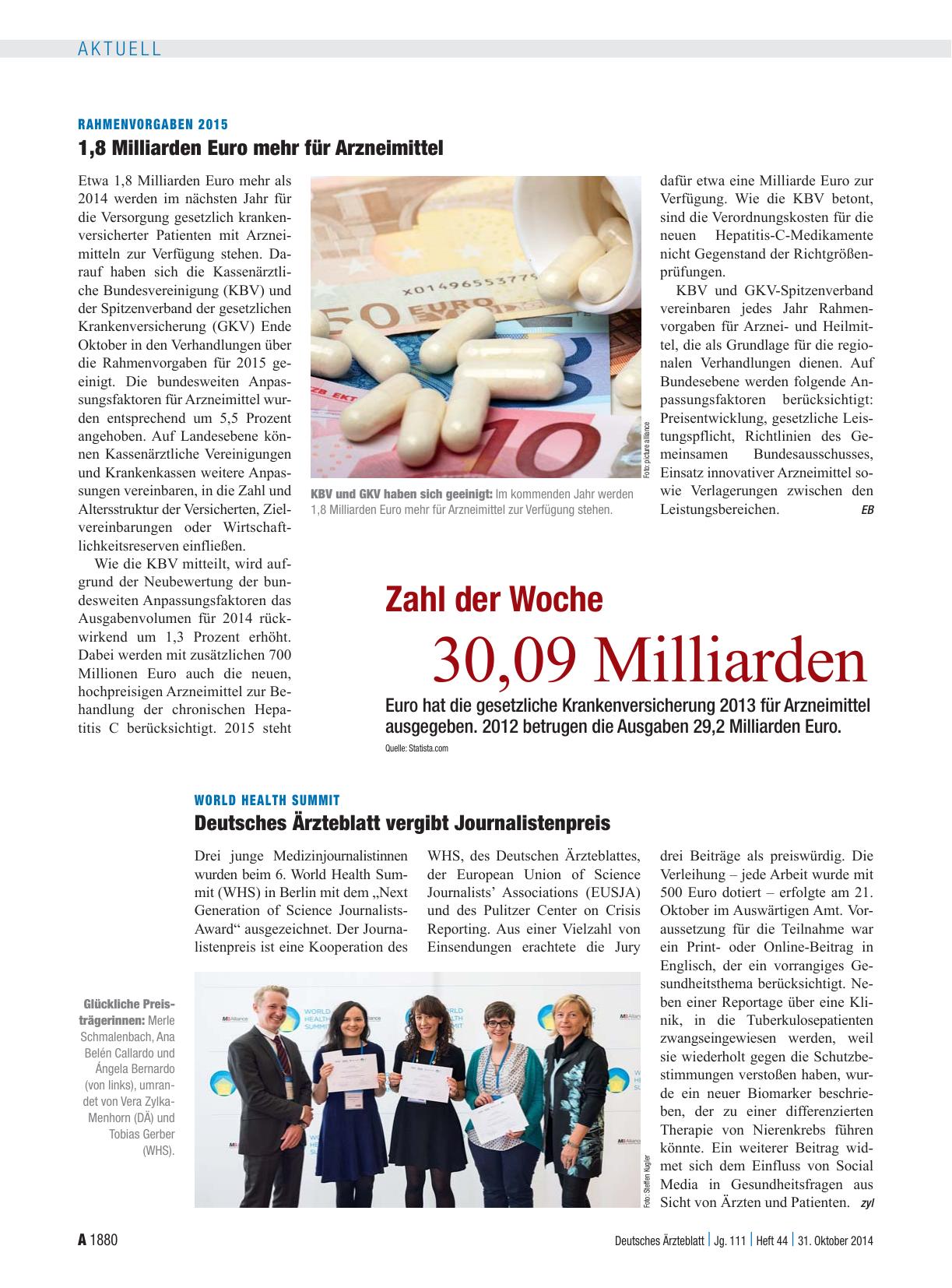 Vorschauseite 1: World Health Summit: Deutsches Ärzteblatt vergibt Journalistenpreis