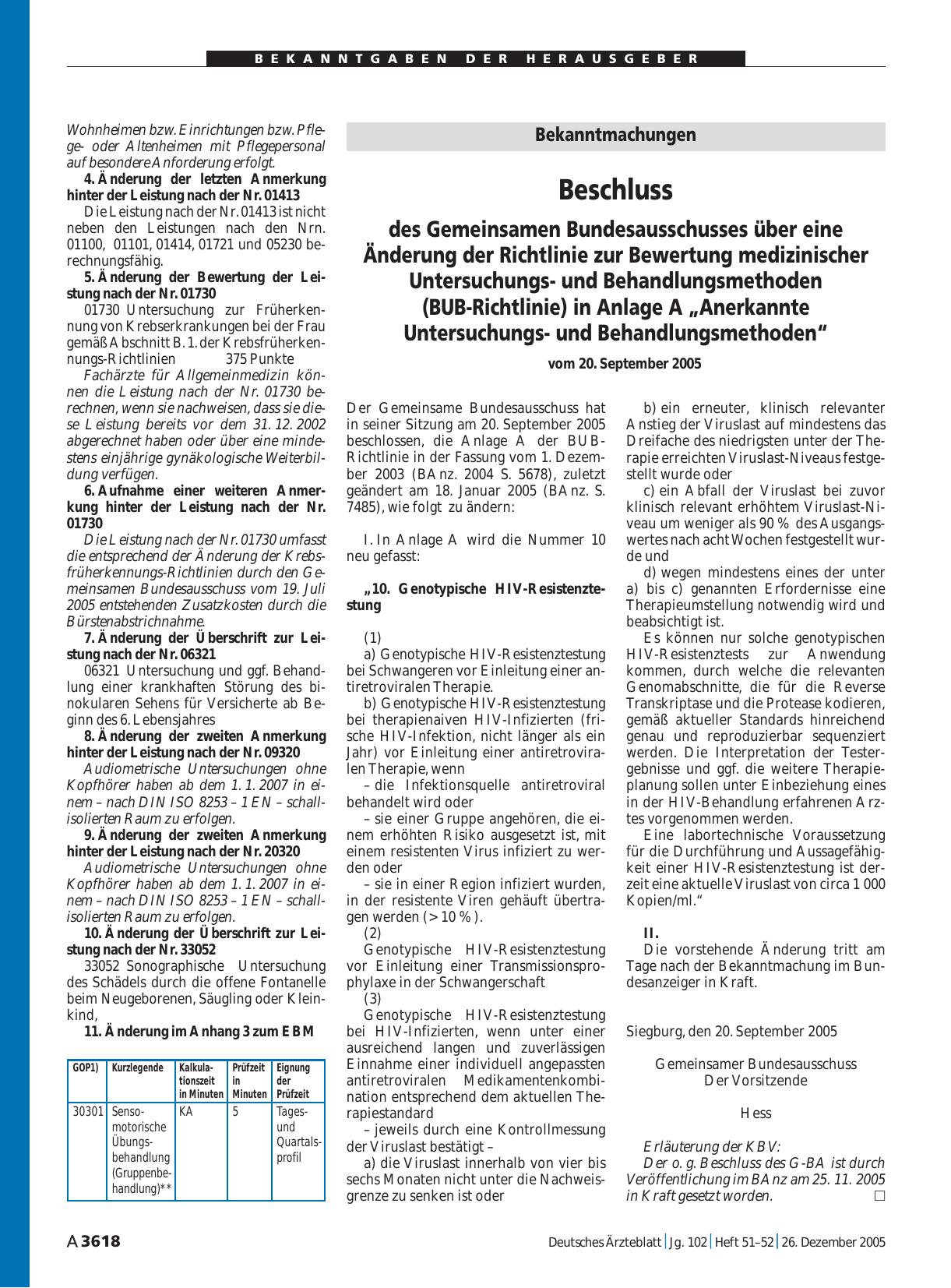 Vorschauseite 1: Bekanntmachungen: Beschluss des Gemeinsamen Bundesausschusses über eine Änderung der Richtlinie zur Bewertung medizinischer Untersuchungsund Behandlungsmethoden (BUB-Richtlinie) i…