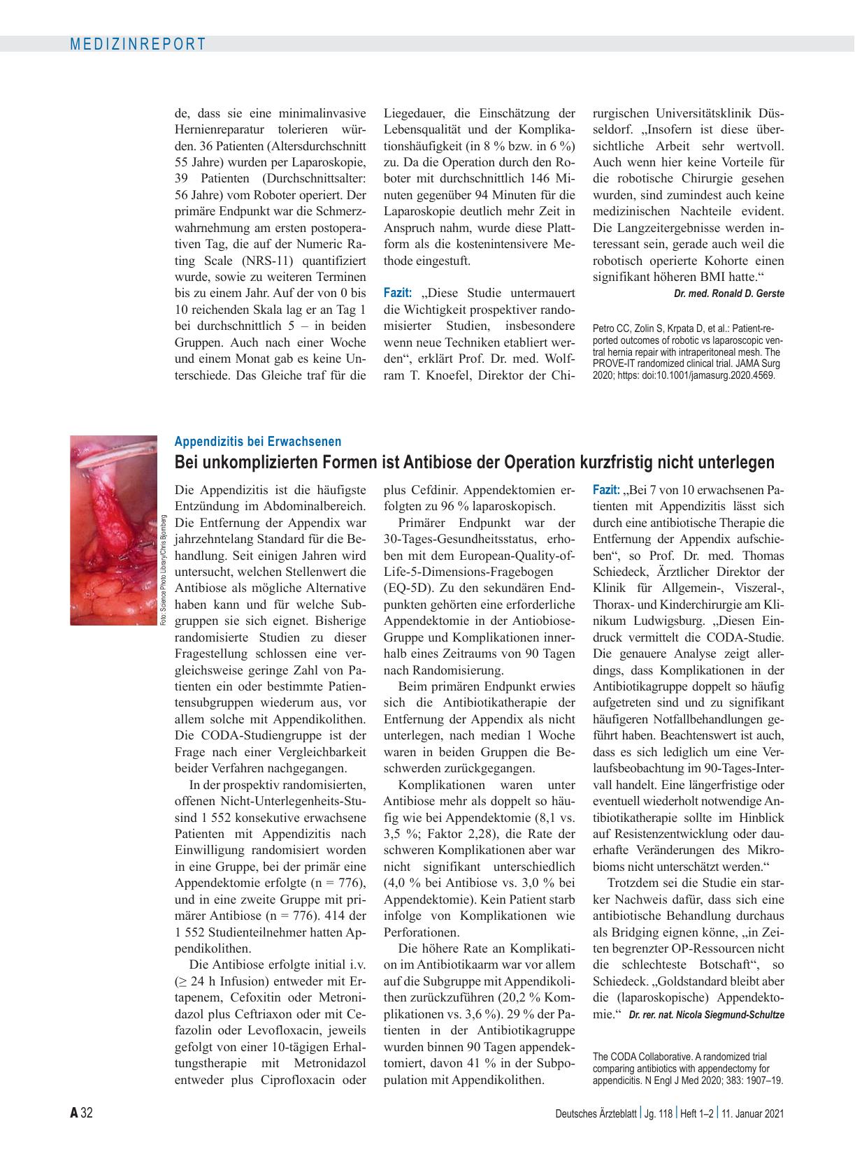 Vorschauseite 1: Appendizitis bei Erwachsenen: Bei unkomplizierten Formen ist Antibiose der Operation kurzfristig nicht unterlegen