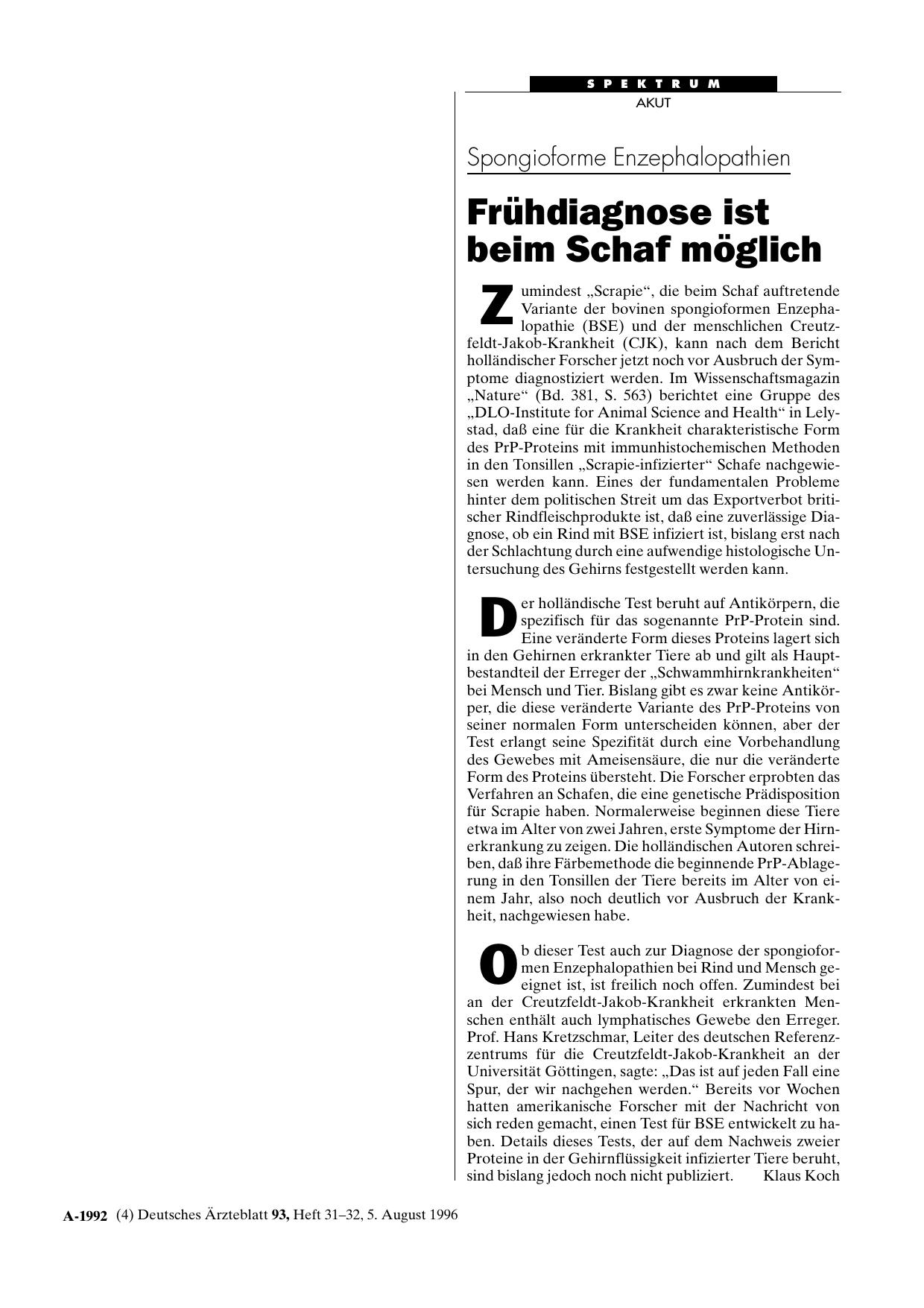 Vorschauseite 1: Spongioforme Enzephalopathien: Frühdiagnose ist beim Schaf möglich