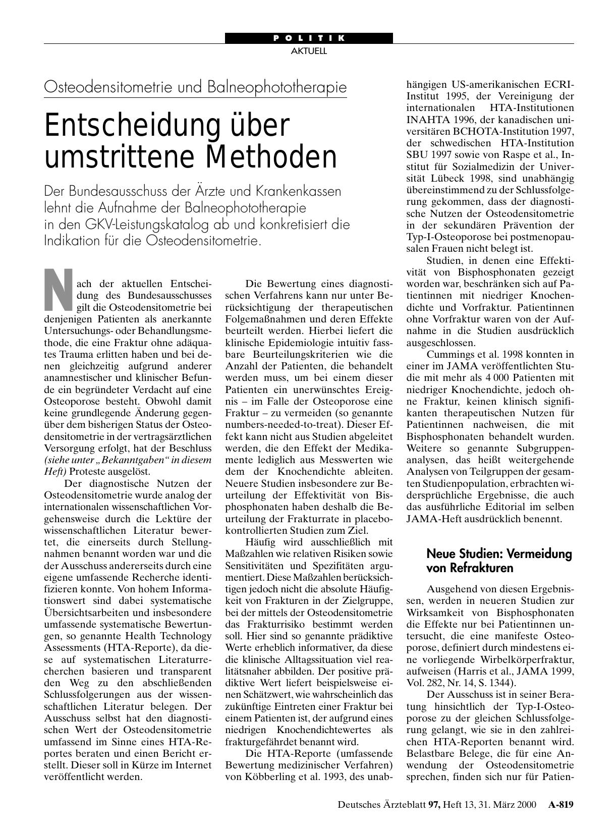 Vorschauseite 1: Osteodensitometrie und Balneophototherapie: Entscheidung über umstrittene Methoden