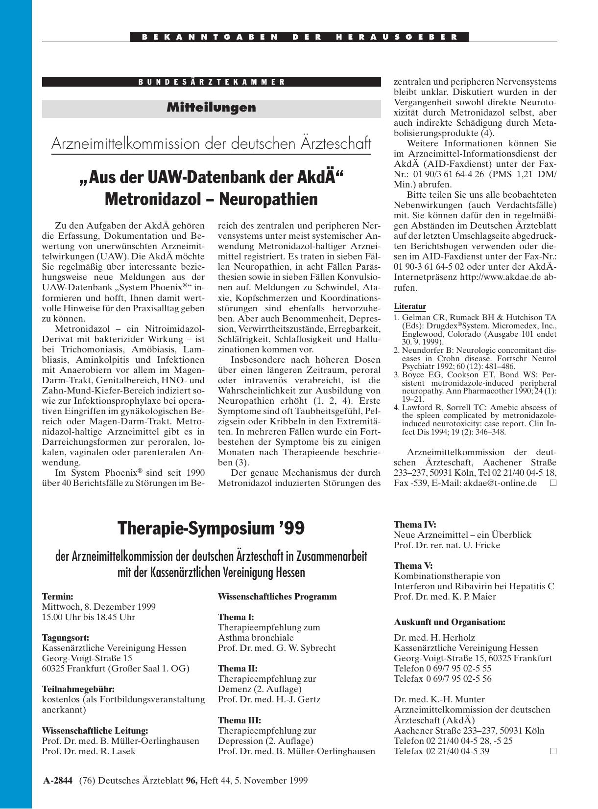 Vorschauseite 1: Arzneimittelkommission der deutschen Ärzteschaft: „Aus der UAW-Datenbank der AkdÄ“ Metronidazol - Neuropathien