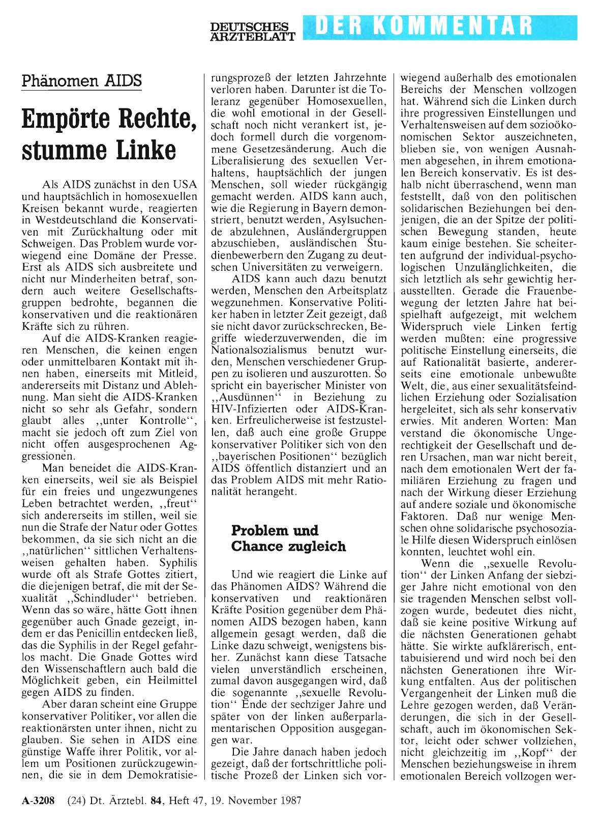 Vorschauseite 1: Phänomen AIDS: Empörte Rechte, stumme Linke