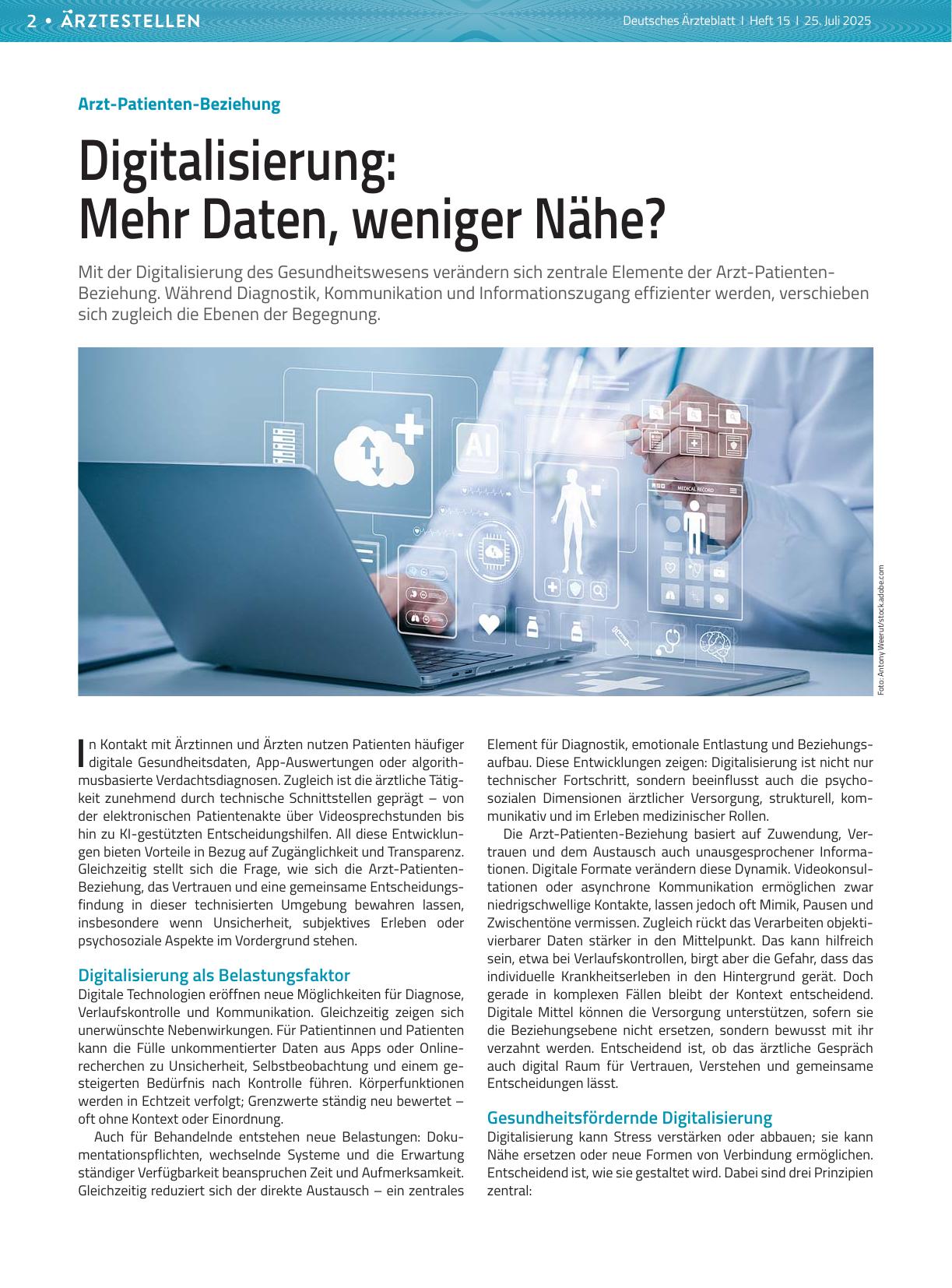 Vorschauseite 1: Arzt-Patienten-Beziehung: Digitalisierung: Mehr Daten, weniger Nähe?