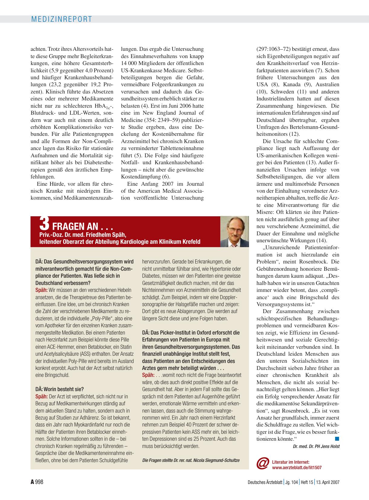 Vorschauseite 1: 3 fragen an. .. Priv. -Doz. Dr. med. Friedhelm Späh, leitender Oberarzt der Abteilung Kardiologie am Klinikum Krefeld