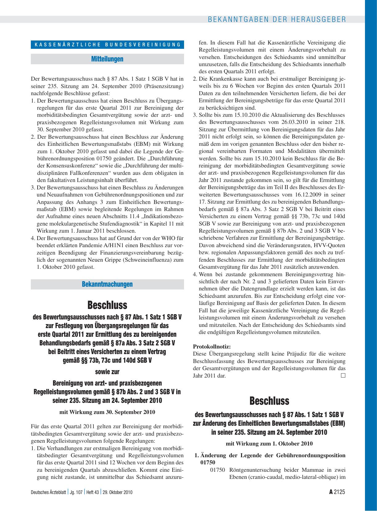 Vorschauseite 1: Beschluss des Bewertungsausschusses nach § 87 Abs. 1 Satz 1 SGB V zur Änderung des Einheitlichen Bewertungsmaßstabes (EBM) in seiner 235. Sitzung am 24. September 2010