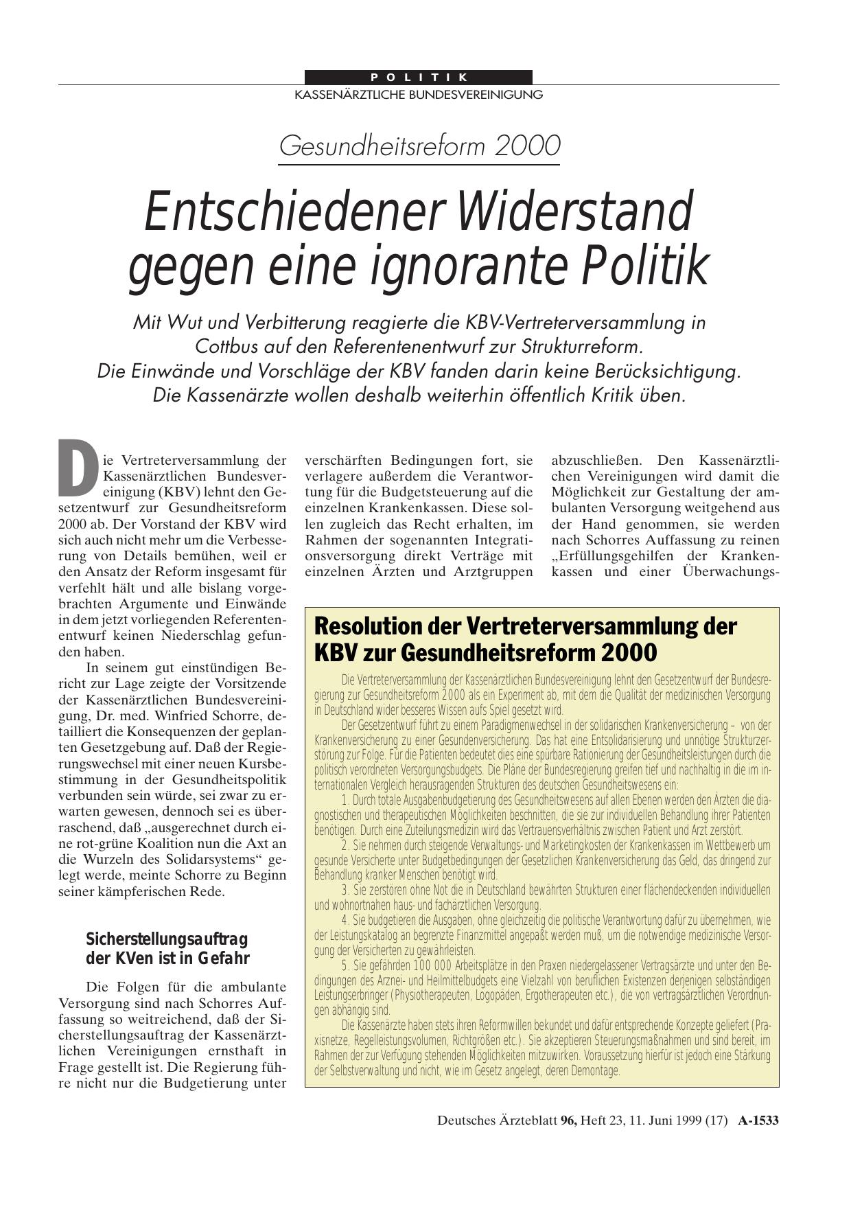 Vorschauseite 1: Resolution der Vertreterversammlung der KBV zur Gesundheitsreform 2000