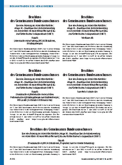 Vorschauseite 1: Beschluss des Gemeinsamen Bundesausschusses über eine Änderung der Arzneimittel-Richtlinie: Anlage XII – Olaparib (Prostatakarzinom, BRCA1/2-Mutationen, Progredienz nach hormonell…