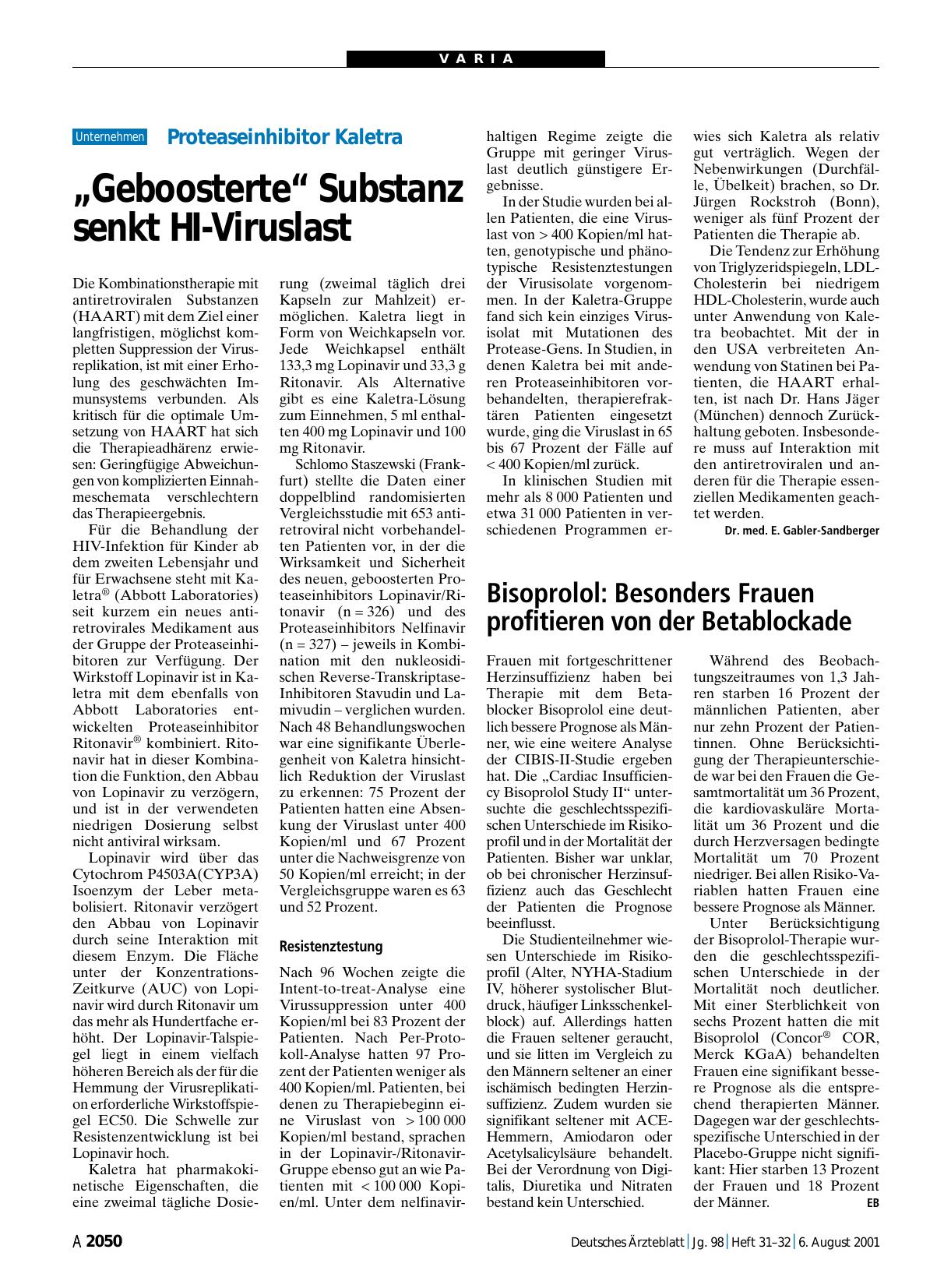 Vorschauseite 1: Proteaseinhibitor Kaletra: „Geboosterte“ Substanz senkt HI-Viruslast