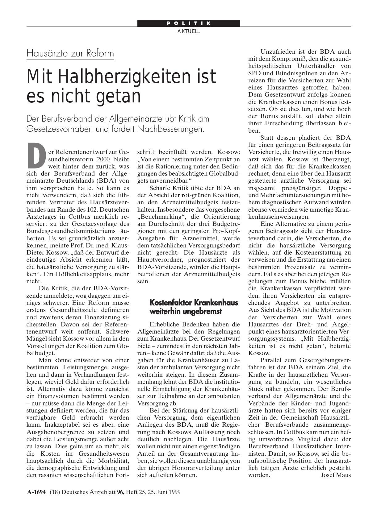 Vorschauseite 1: Hausärzte zur Reform: Mit Halbherzigkeiten ist es nicht getan