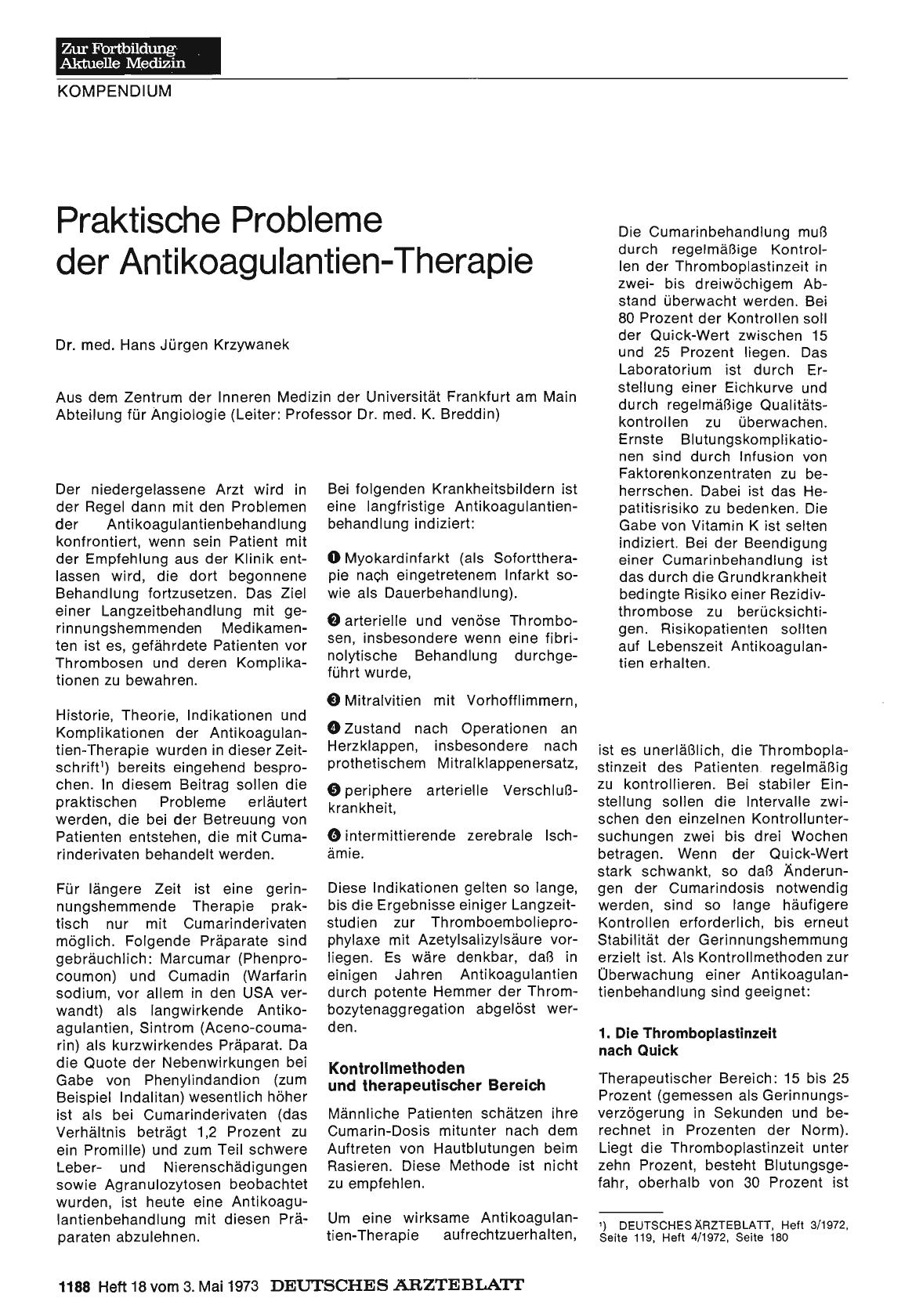 Vorschauseite 1: Praktische Probleme der Antikoagulantien-Therapie