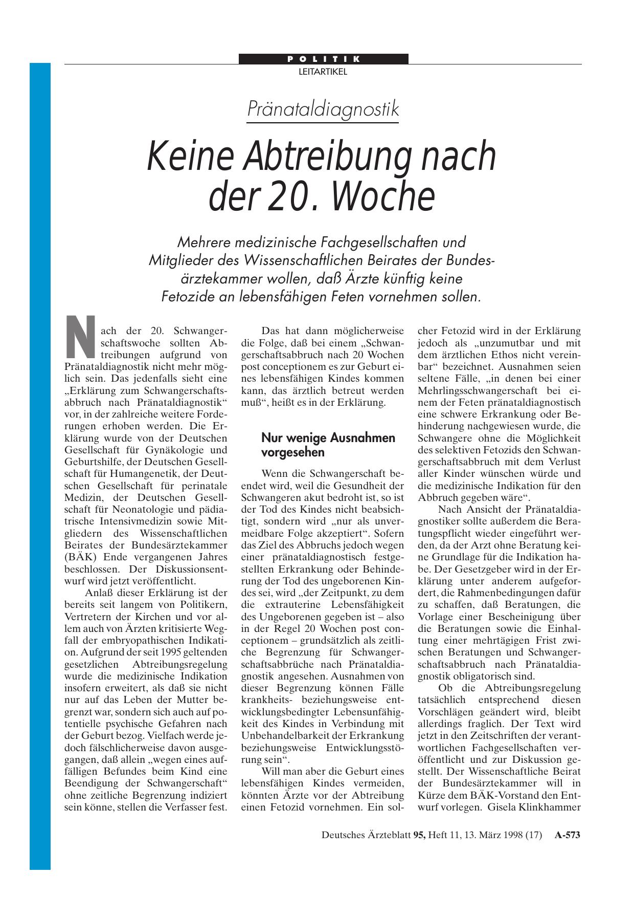 Vorschauseite 1: Pränataldiagnostik: Keine Abtreibung nach der 20. Woche