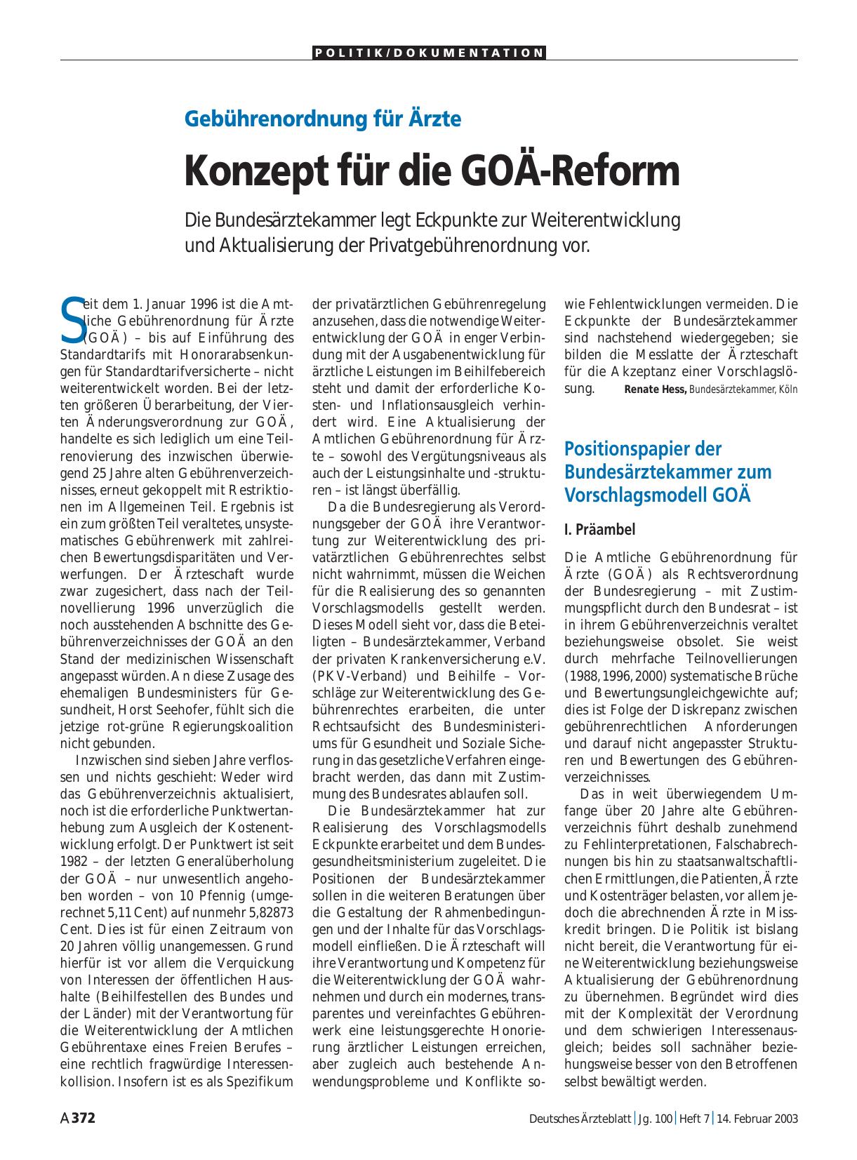 Vorschauseite 1: Gebührenordnung für Ärzte: Konzept für die GOÄ-Reform