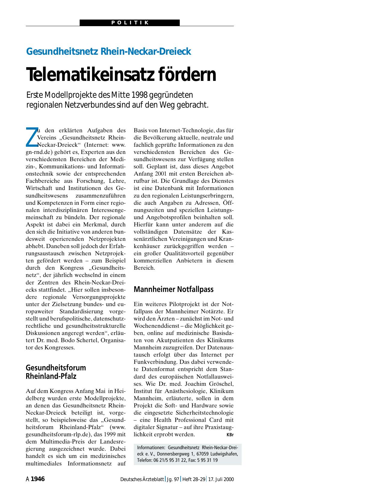 Vorschauseite 1: Gesundheitsnetz Rhein-Neckar-Dreieck: Telematikeinsatz fördern