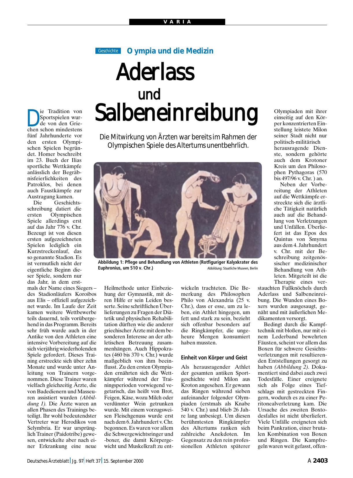 Vorschauseite 1: Olympia und die Medizin: Aderlass und Salbeneinreibung