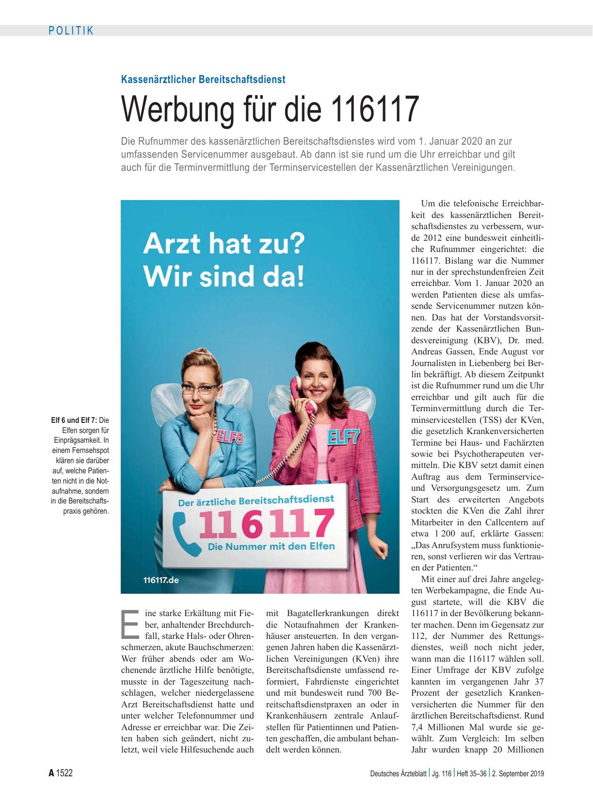 Vorschauseite 1: Kassenärztlicher Bereitschaftsdienst: Werbung für die 116117