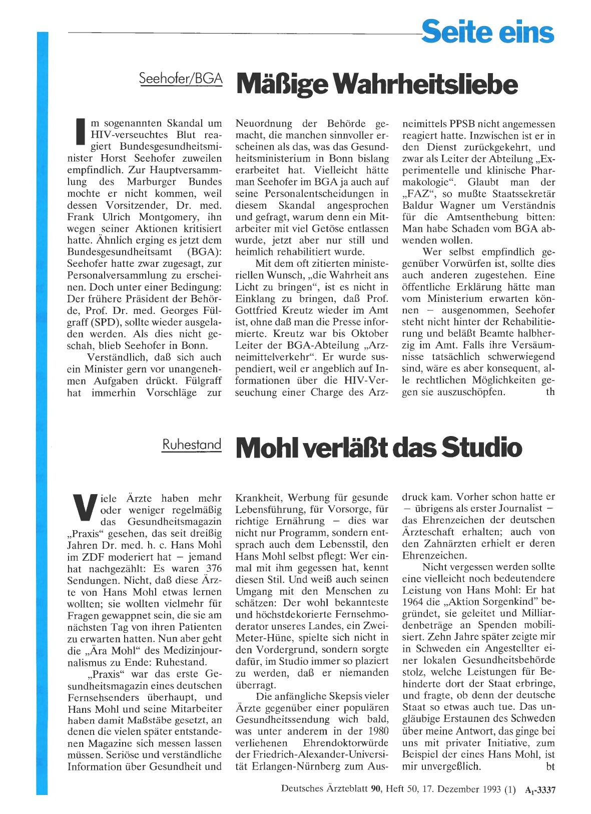 Vorschauseite 1: Ruhestand: Mohl verläßt das Studio