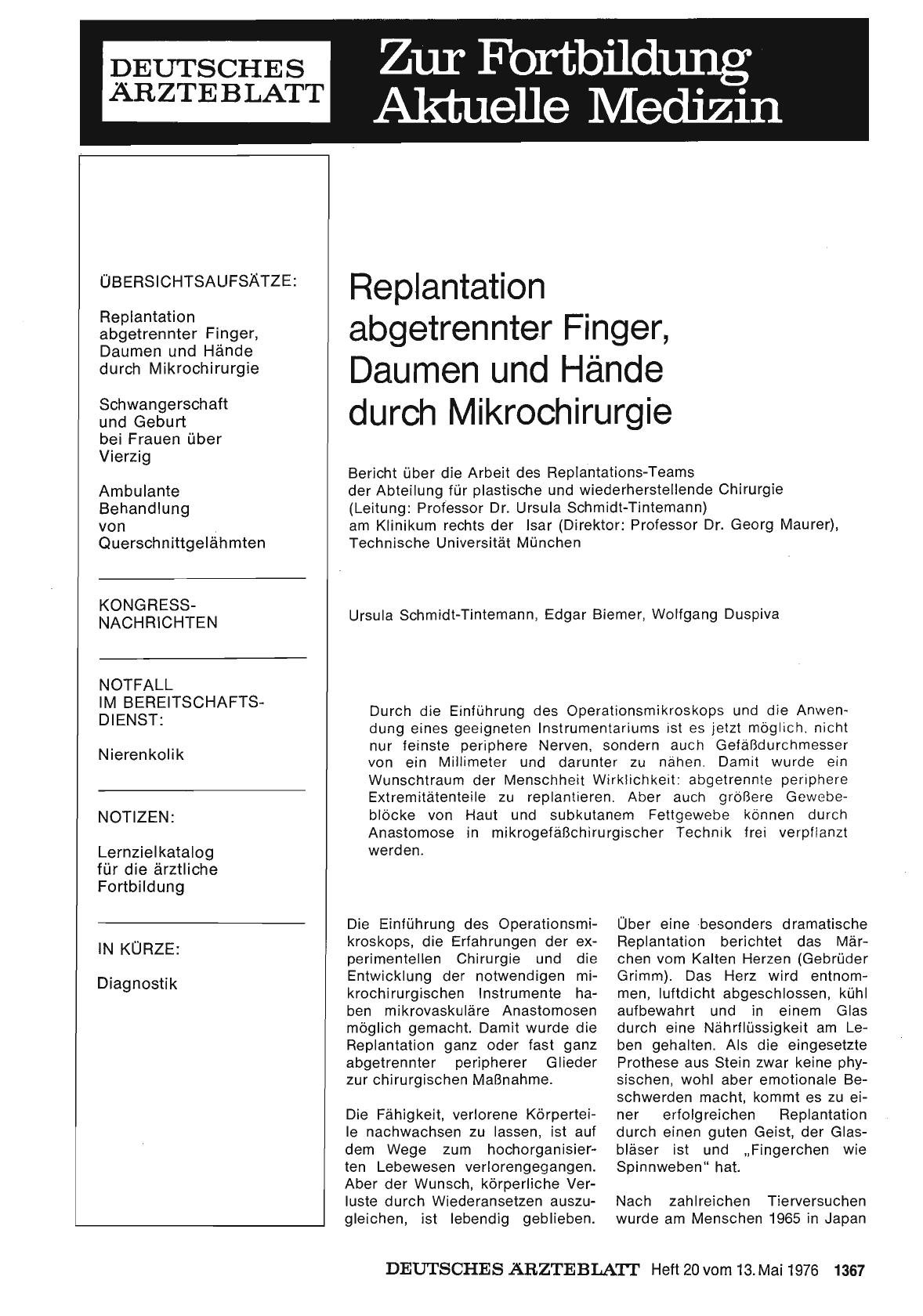 Vorschauseite 1: Replantation abgetrennter Finger, Daumen und Hände durch Mikrochirurgie